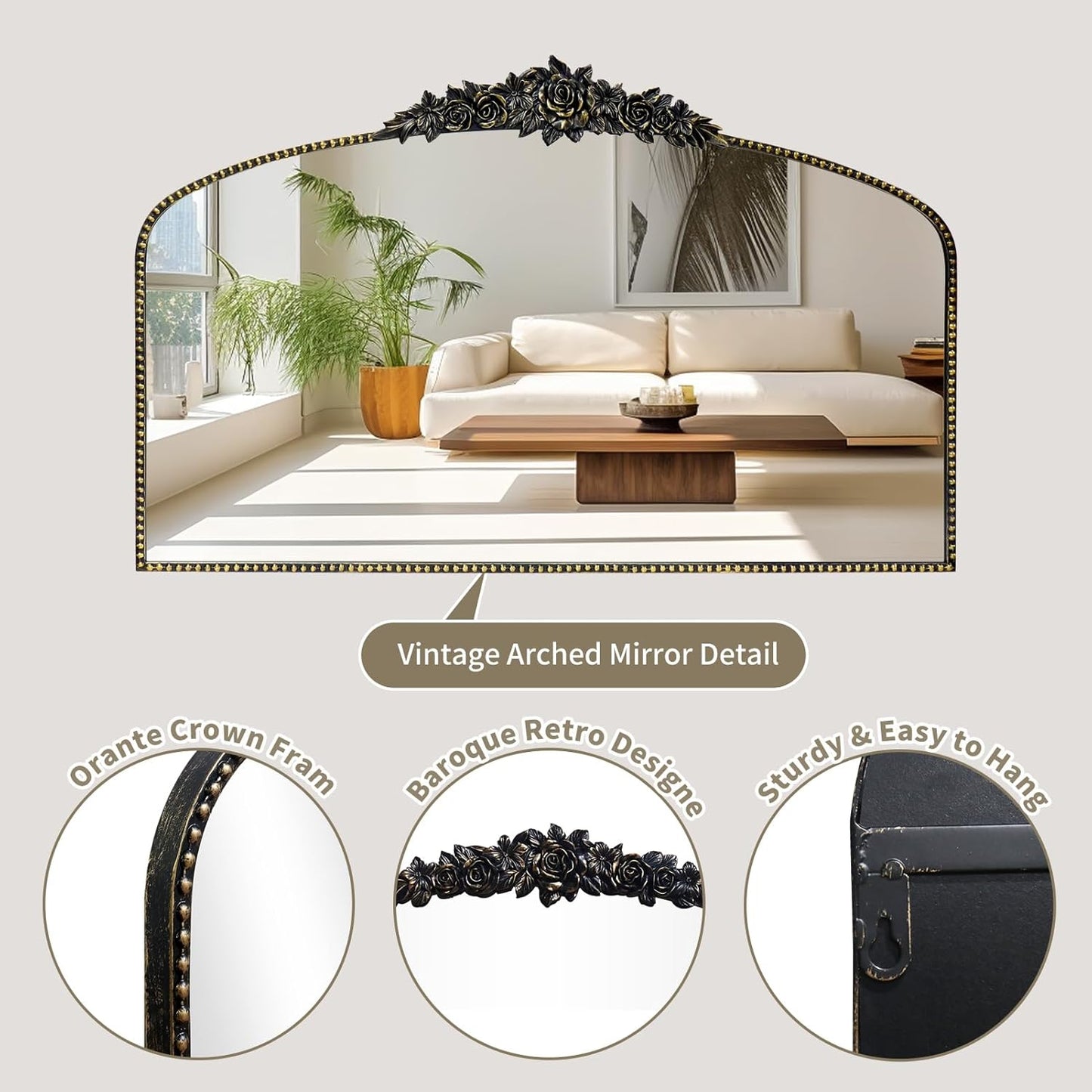 Antique Arched Black Mirror 48"x30", Traditional Victorian Vintage Mantel Mirrors with Ornate Metal Frame, Baroque Mirrors for Fireplace/Entryway/Dining Room/Living Room/Bathroom