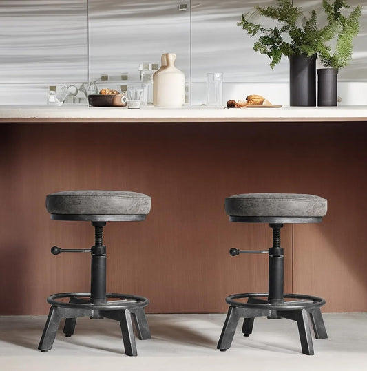 Vintage Short Bar Stools Swivel PU Seat 15-21inch Height Adjustable Extra Guest Chair Kitchen Island Counter Stool(Set of 2)