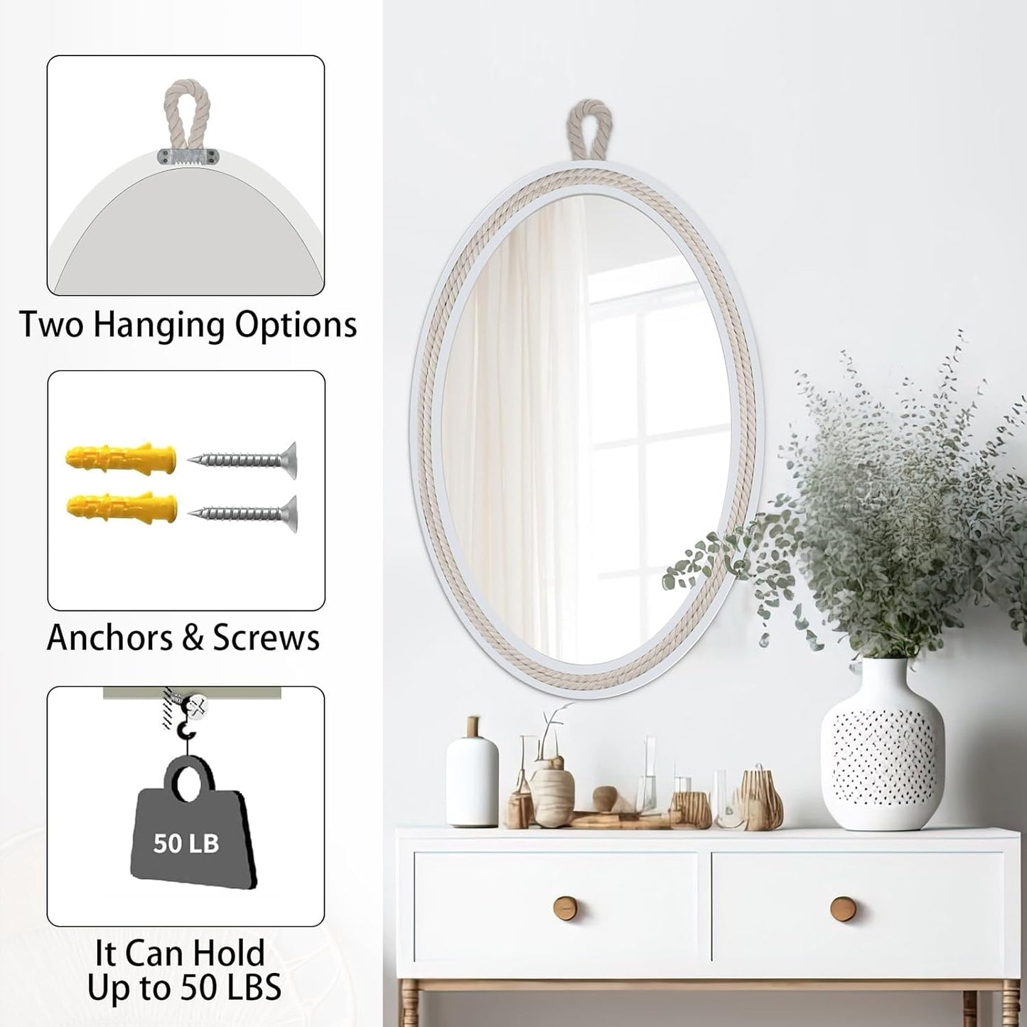 Farmhouse Wall Mirror Rope Mirror Decorative Mirror with Hanging Loop,Beach Nautical Mirror ,24 inches Lx16 inches W,Oval, White, Oval 24 inches Lx16 inches W