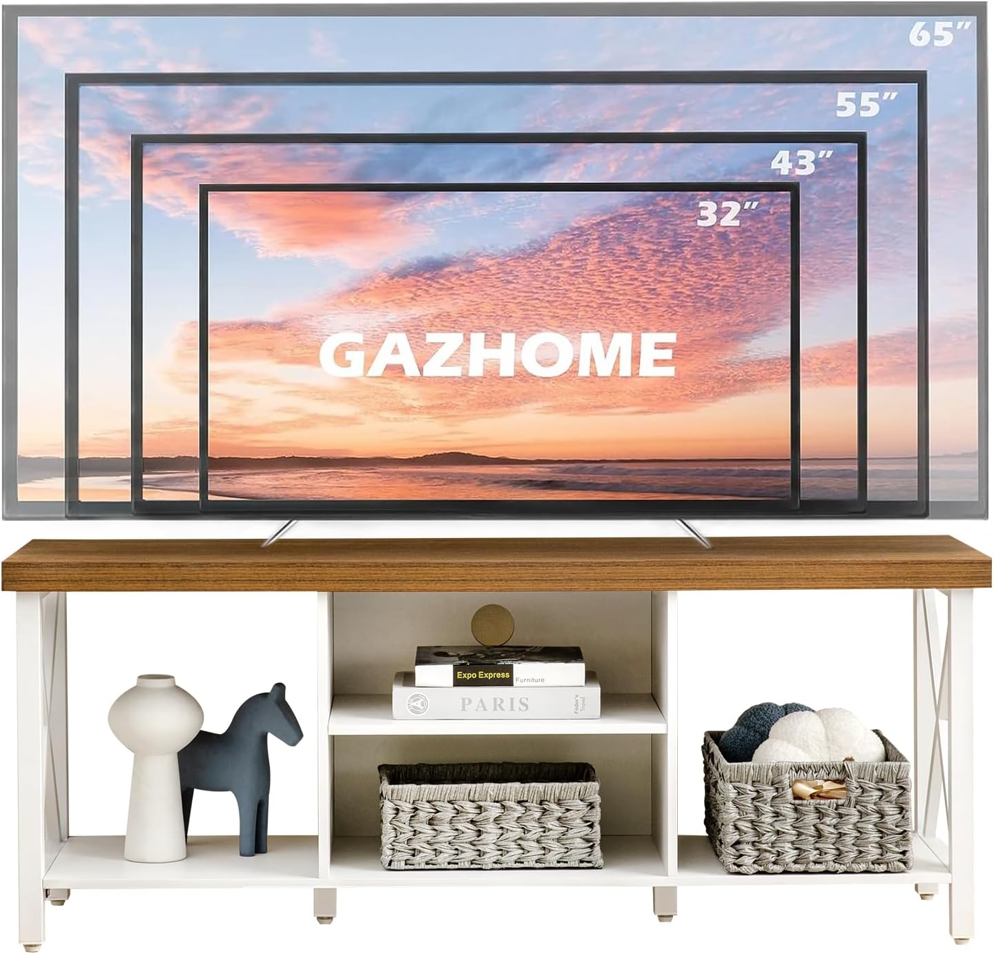 GAZHOME TV Stand for TV up to 55 Inches, TV Cabinet with Open Storage, TV Console Unit with Shelving for Living Room, Entertainment Room, White