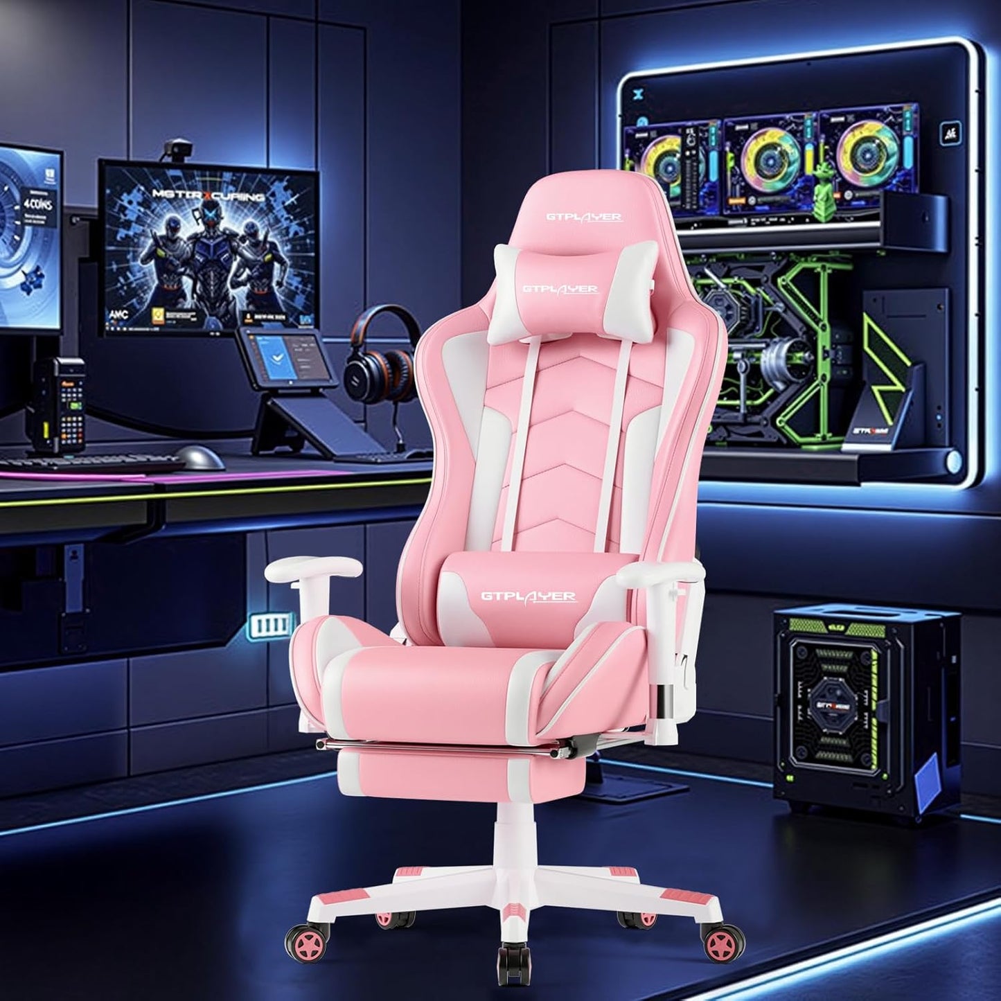 GTPLAYER Gaming Chair with Bluetooth Speakers and Footrest, Ergonomic Gamer Chair with Reclining Backrest, 3D Armrests, Adjustable Seat Height, Computer Desk Chair for Adults (Pink)