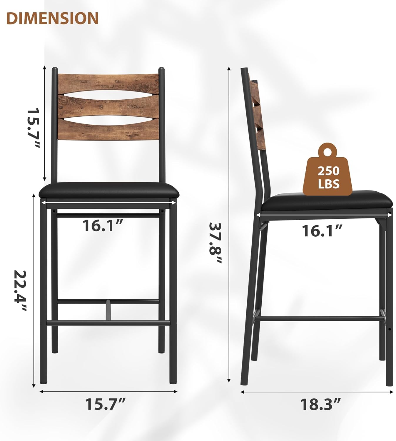 GarveeHome Bar Stools Set of 2, Wooden Barstools, Faux Leather Upholstered Bar Chair with Back & Footrest & Thick Cushion, Counter Height Bar Stools for Kitchen Island Apartment, Brown