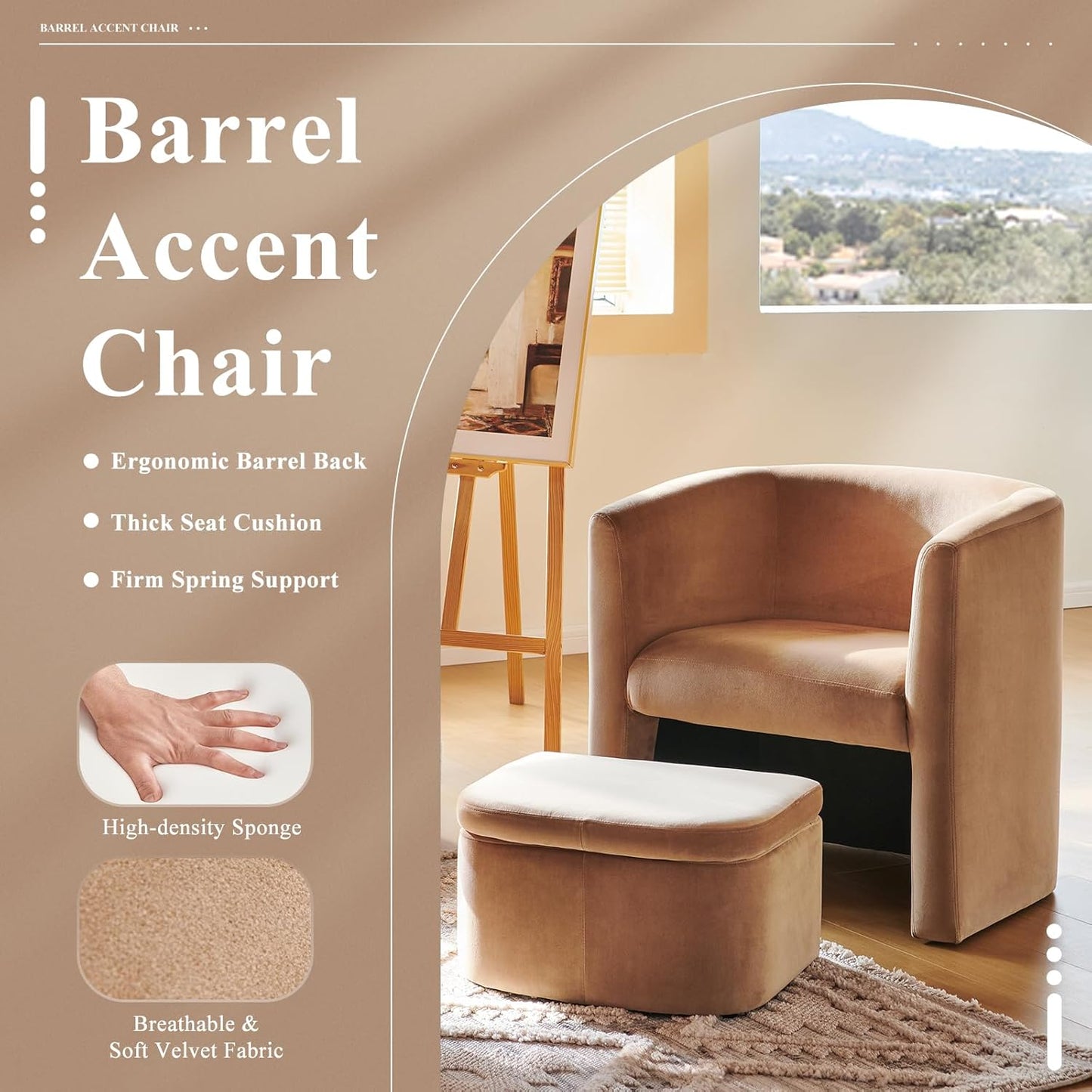 COLAMY Upholstered Velvet Barrel Accent Chair with Storage Ottoman, Morden Living Room Chair with Lounge Seat for Bedroom/Reading Spaces, Khaki