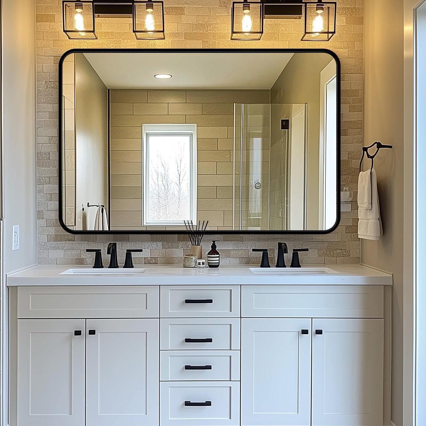 Bathroom Mirror, 48" x 30" Wall Mirror, Rectangular Aluminum Alloy Frame Contemporary Hanging Mirror for Living Room Bathroom Entryway, Black Rounded Corner