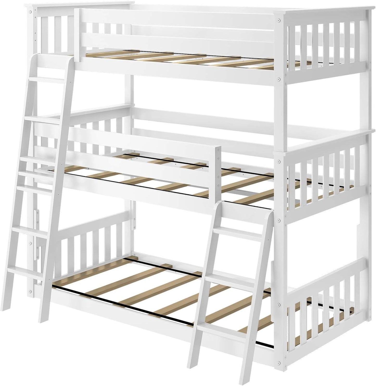 Max & Lily Triple Twin Bunk Bed, Solid Wood Bed Frame For Kids, No Box Spring Needed, Easy Assembly, White