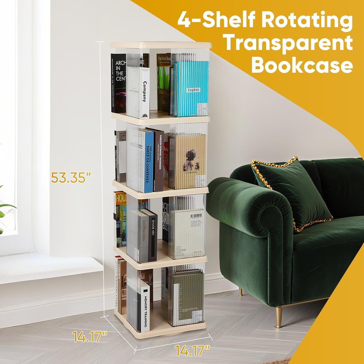 FAHKNS 4 Tier Rotating Bookshelf,360°Display Floor Standing Bookcase,Book Shelf for Small Space Revolving Bookcase for Office Bedroom Living Room,Rectangular