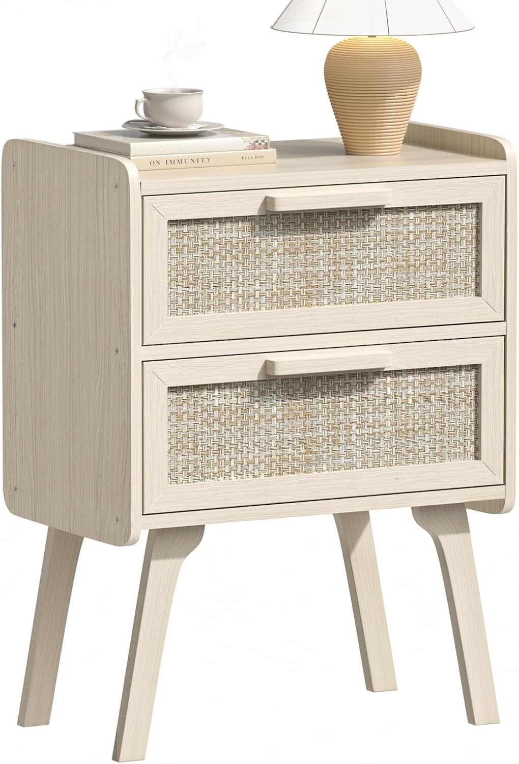 Lerliuo Rattan Nightstand, Boho Night Stand with 2 Drawers, Cane Accent Side End Table, Bedside Table with Solid Wood Legs for Bedroom, Dorm and Small Spaces (White)