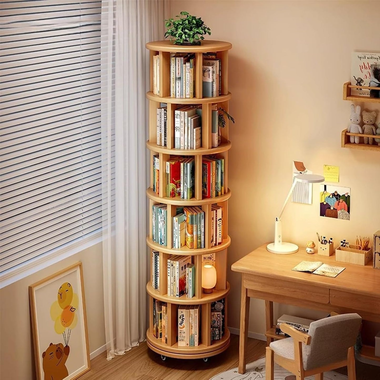 Wood Rotating Bookshelf on Wheels, 360-Degree Space Saving Bookcase, Large Capacity Spinning Bookshelf Tower for Living Room,Bedroom and Corners (Nature-6 Layers)
