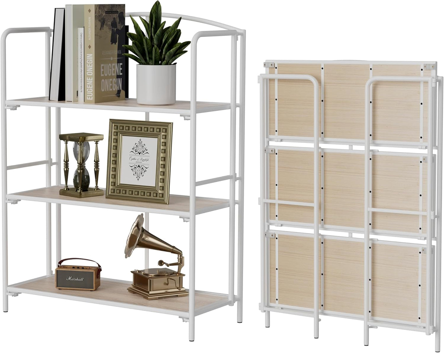 Crofy No Assembly Folding Bookshelf for Living Room, 3 Tier White Collapsible Book Shelf for Home Office, Portable Bookcase Storage Organizer