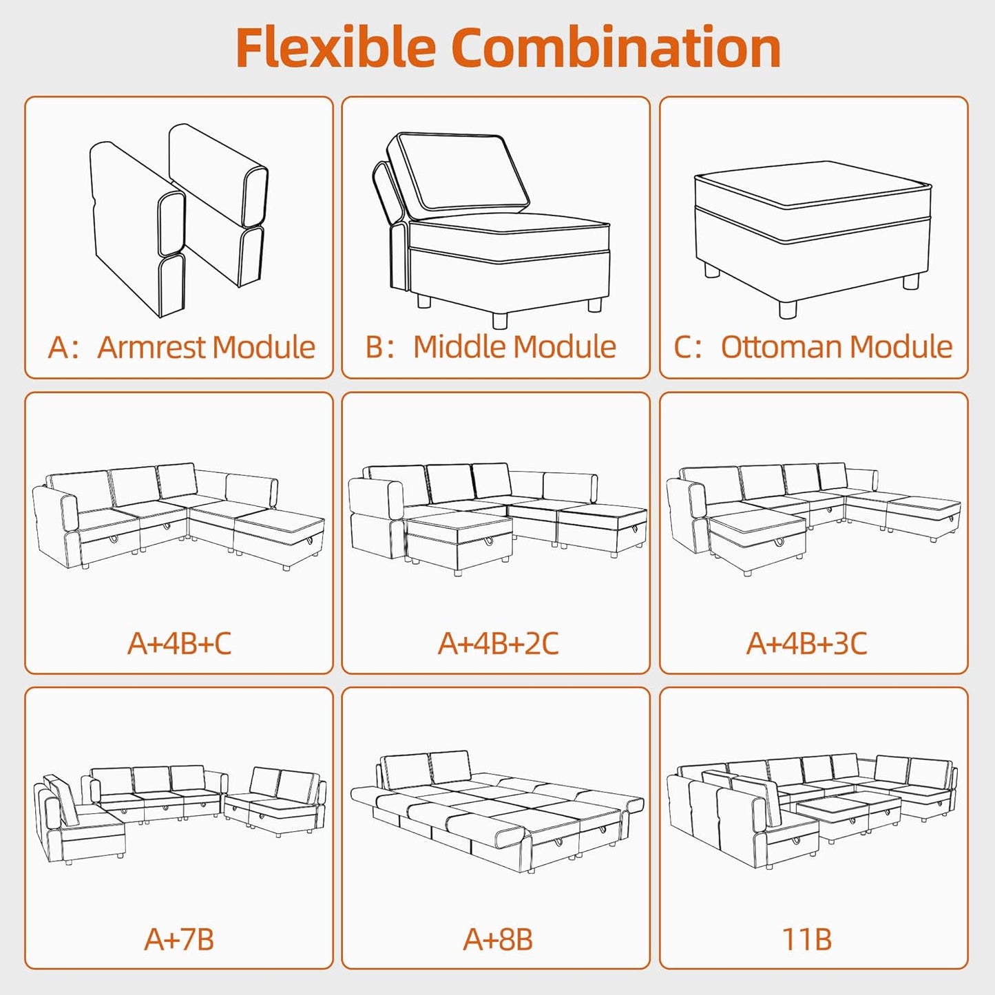 GAOMON Chenille Single Seater, Middle Modular with Storage for Modular Sectional Sofa, 90°-180° Adjustable Backrest, Single Sofa for Sectional Sleeper Sofa, Gray
