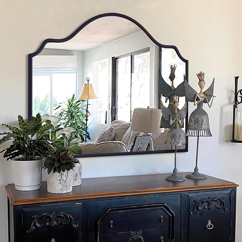 Chende Black Arched Mirror, 36'' x 24'' Decorative Wall Mirror with Wooden Frame, Modern Scalloped Mirror for Entryway, Living Room, Fireplace