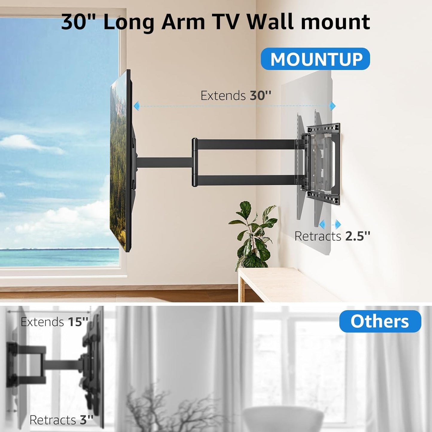 MOUNTUP Long Arm TV Wall Mount for Most 37''-82'' TVs, Corner TV Wall Mount with 30'' Extension Full Motion TVs Mount with Swivel Tilt Max VESA 600x400mm Load Up to 88 LBS, Fit 16/18/24'' Stud MU0019
