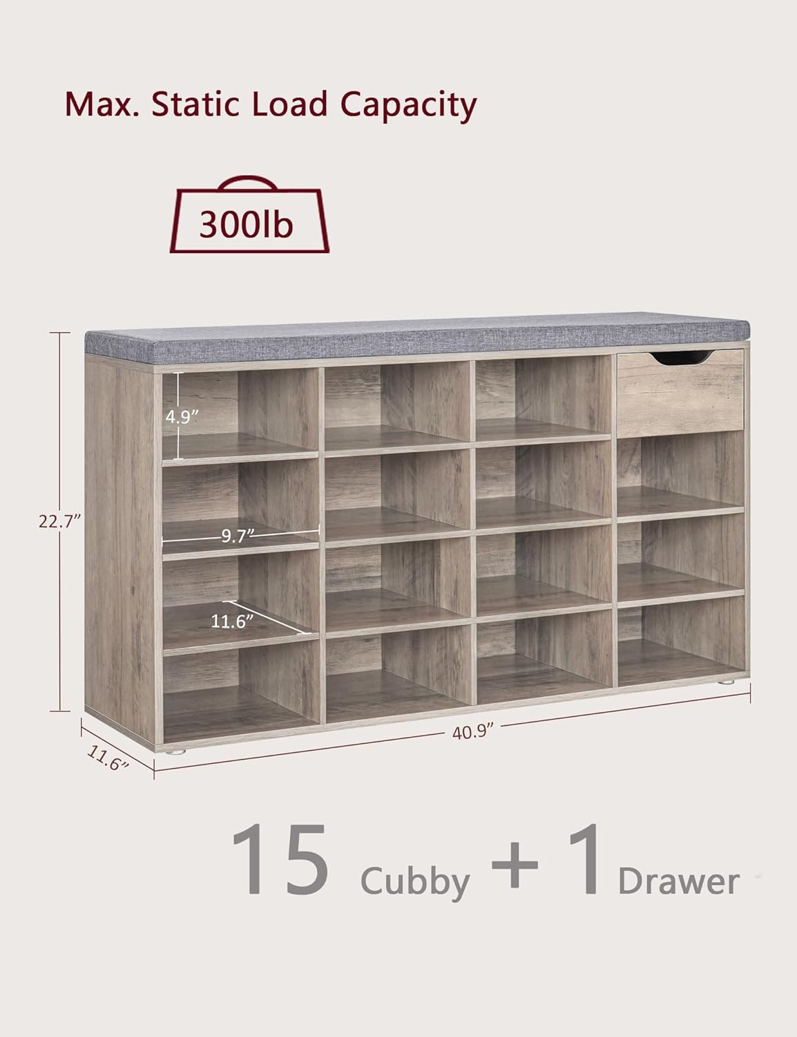 DINZI LVJ Shoe Bench, Entryway Storage Bench with Drawer and 15 Cubbies, Cubby Shoe Rack with Adjustable Shelves, Shoe Organizer Cabinet for Living Room, Bedroom, Mudroom, Closet and Garage, Greige