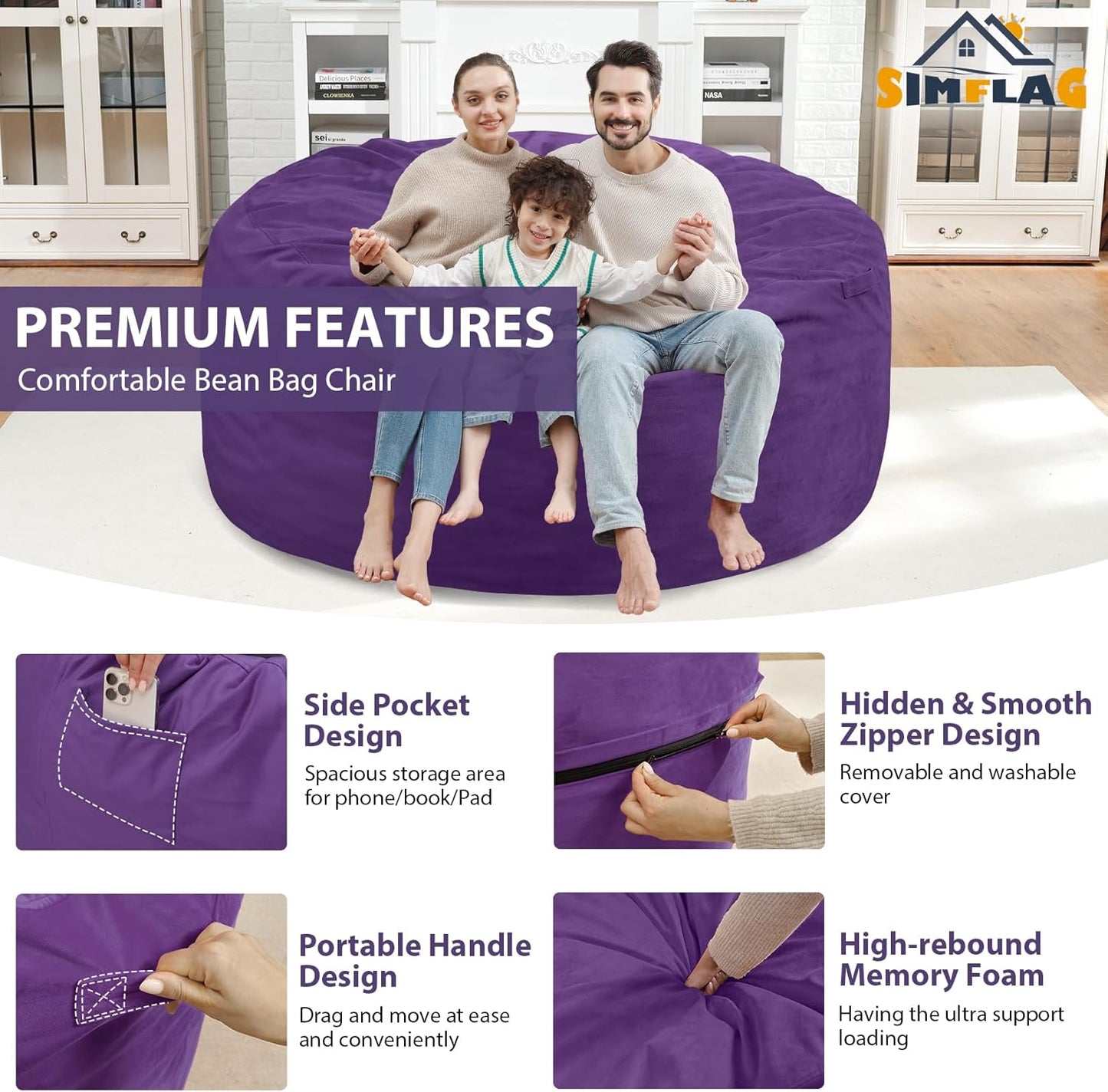 5FT Bean Bag Chair, Large Bean Bag Chairs with Memory Foam Filled, Fluffy Beanbag Sofa with Dutch Velvet Cover, Round BeanBag Chairs for Living Room, Playroom - Purple