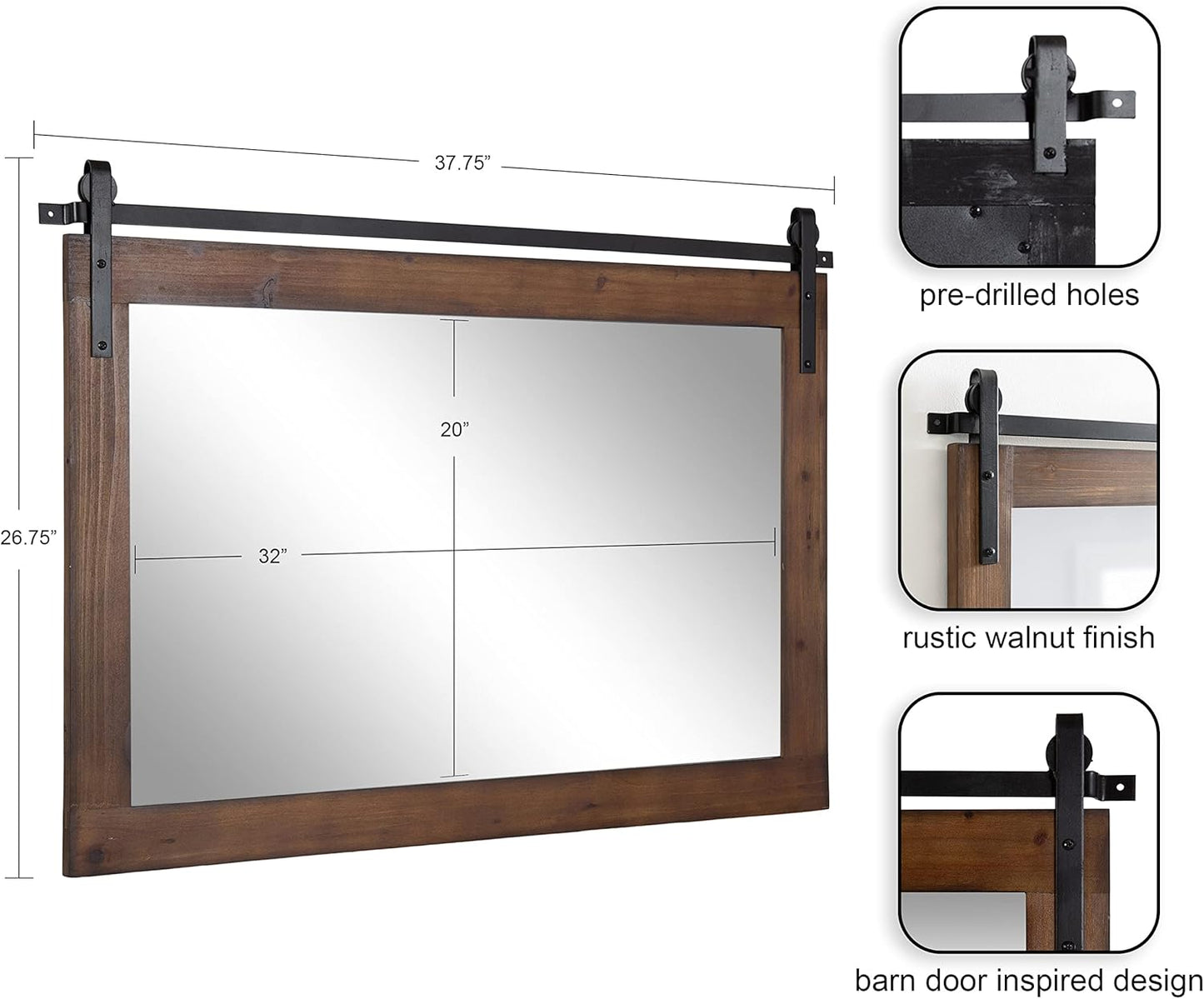 Kate and Laurel Cates Farmhouse Horizontal Wood Framed Wall Mirror; 38 x 27; Walnut Brown; Barn Door-Inspired Decorative Hanging Mirror for Wall Decor