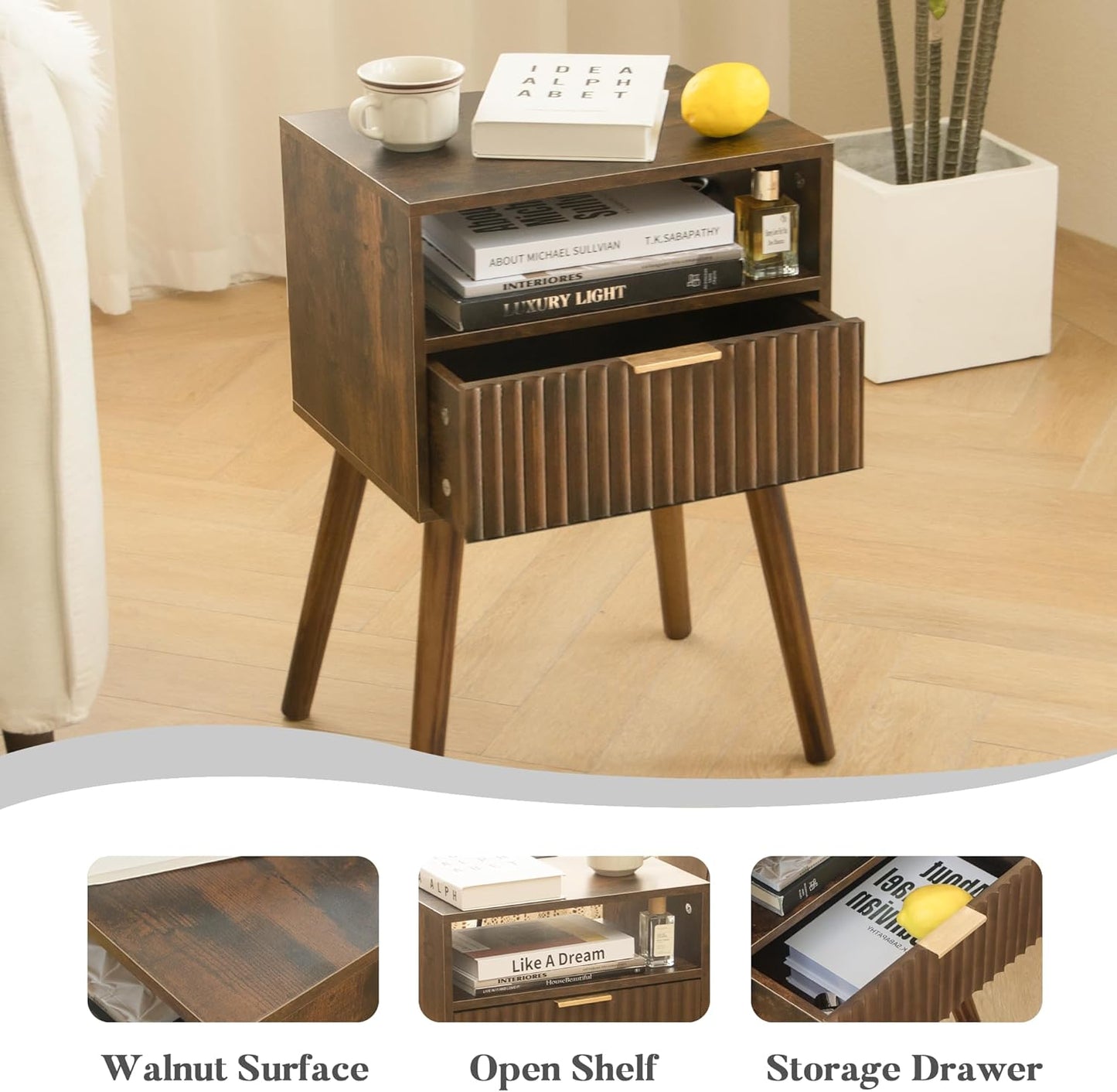 Walnut Nightstand, Wooden Bedside Table with Fluted Drawers and Open Shelf, Night Stand Wood for Bedroom, Dorm and Small Space (Rustic Brown)