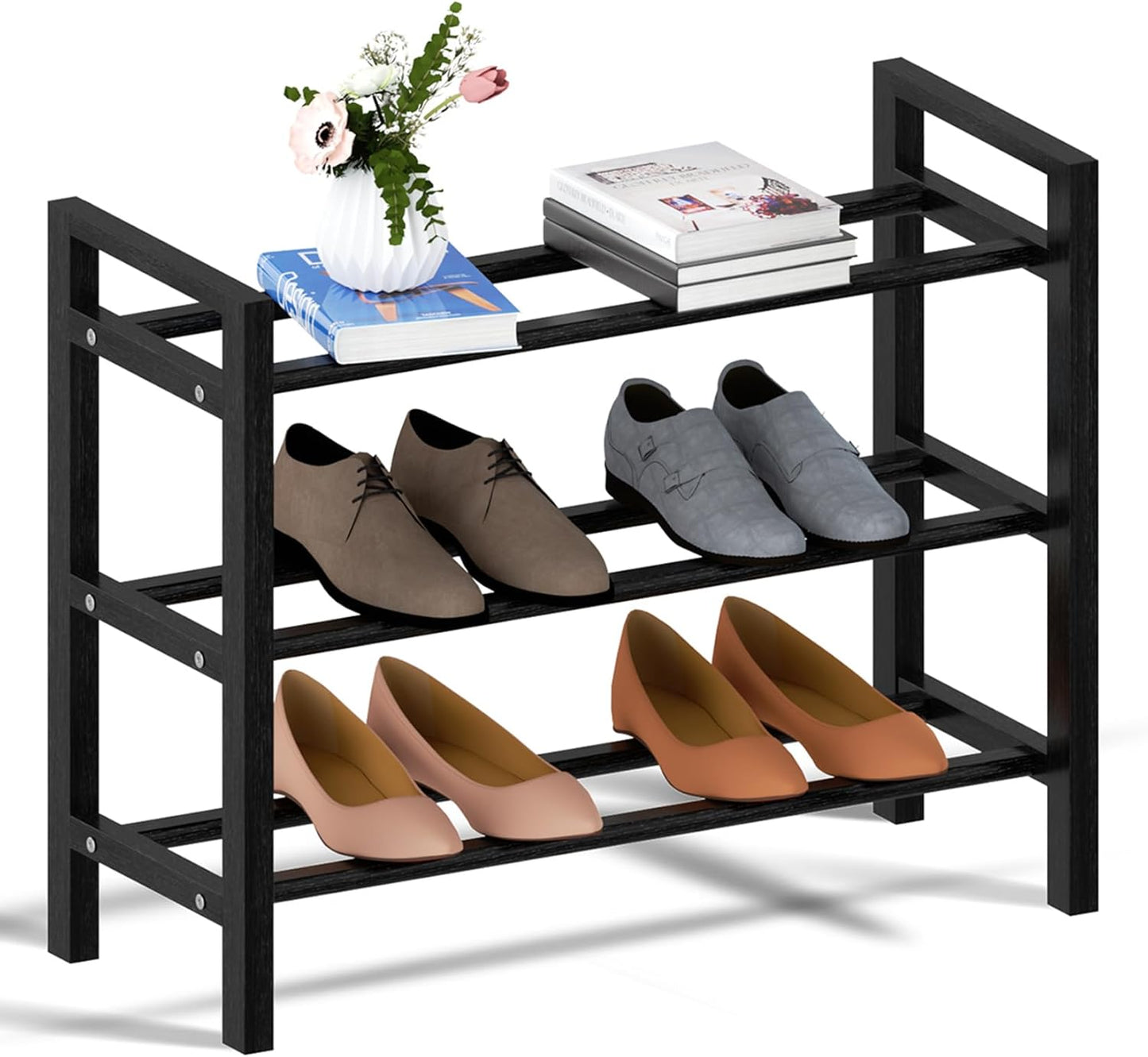 Haddockway Bamboo Shoe Rack for Closet, Free Standing Shoe Organizer with Smooth Round Rods & Convenient Handles, Stackable Shoe Storage Shelf for Entryway, Hallway(Black, 3-Tier(Small))