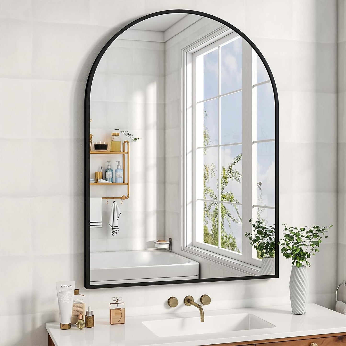 32"x48" Arched Bathroom Mirror with Aluminum Frame Arched Wall Mounted Vanity Mirror for Entryway, Bedroom, Living Room, Black