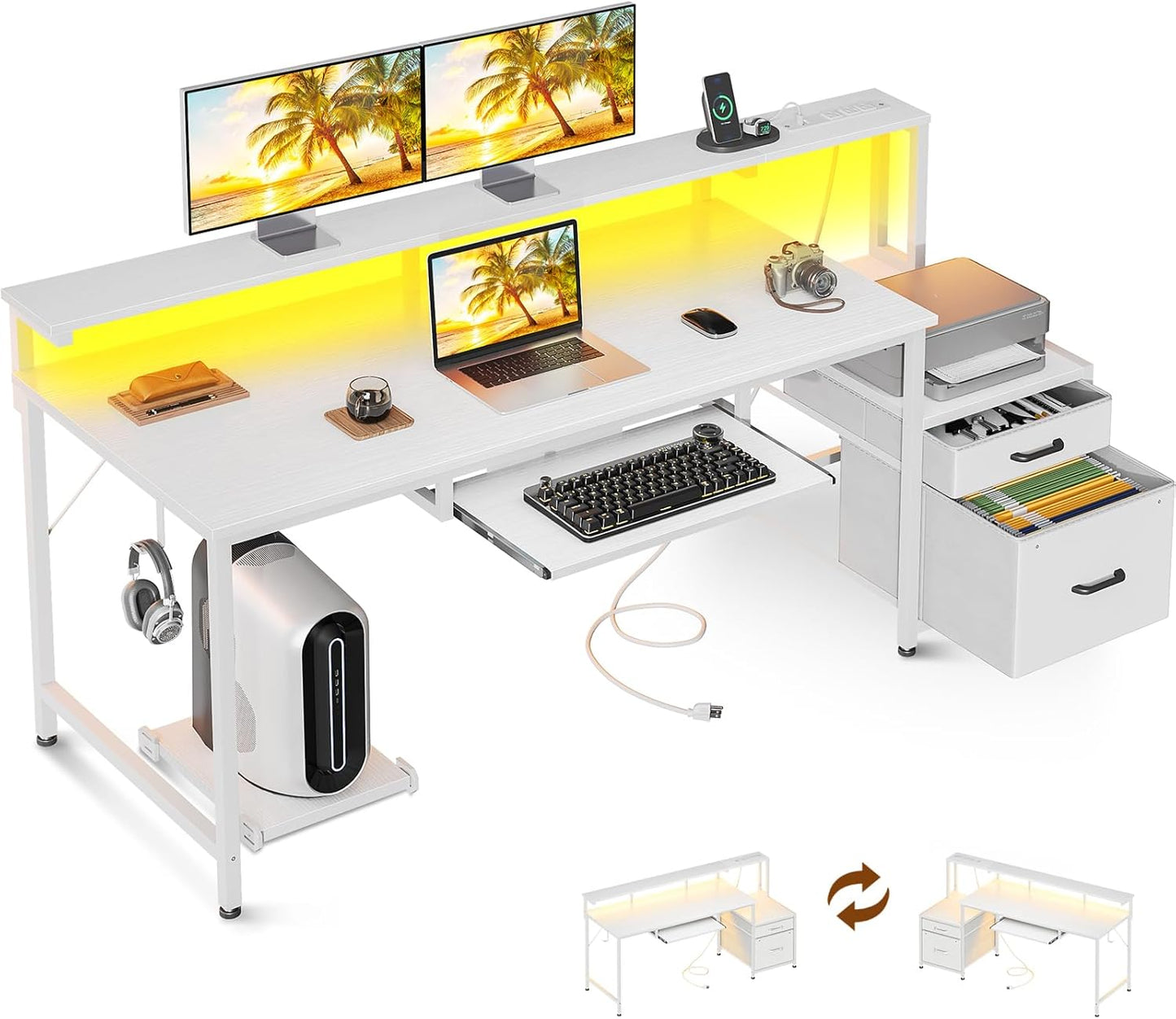 AODK Computer Desk with Drawers and Keyboard Tray, 63" Office Desk with Power Outlet and LED Lights, Reversible Study Work Desk with Printer Shelf and PC Stand for Home Office, White