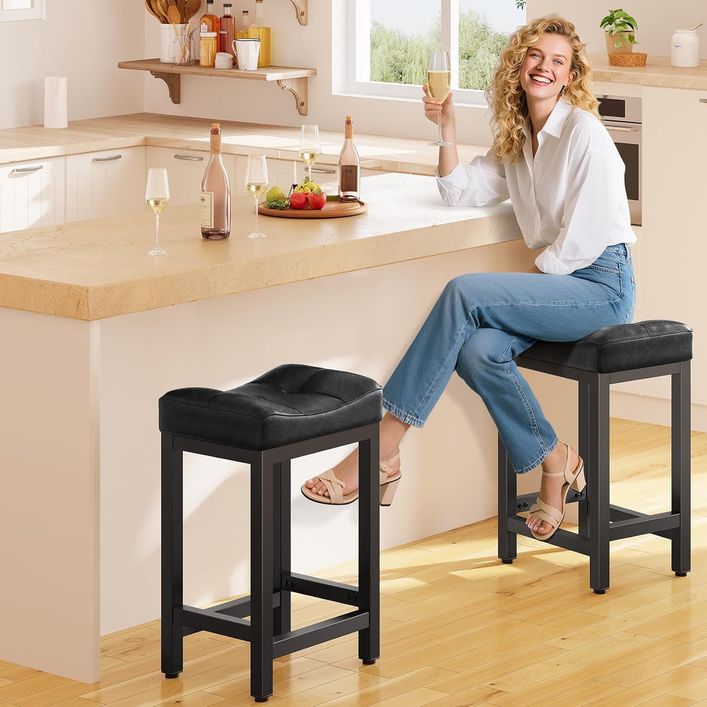 Dripex Modern Backless Bar Stools with 4" Thick Seats, Faux Leather Heavy Duty Saddle Counter Height Barstool with Solid Metal Legs for Kitchen Island, Black