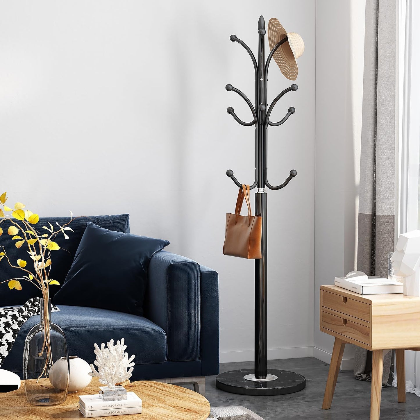 Black Coat Rack Freestanding, Metal Coat Hanger Stand, High-grade Entryway Hat Tree Coat Rack Stand with 12 Hooks & Natural Marble Base