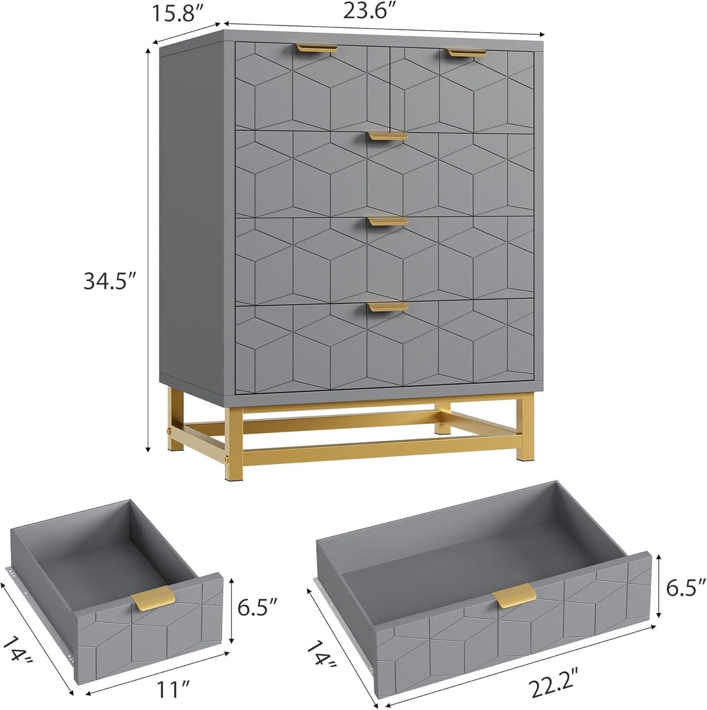 GAOMON Grey 5 Drawer Dresser for Bedroom, Chest of Drawers with Metal Base, Modern Dresser Chest Cabinet Organizer for Living Room, Hallway, Closet
