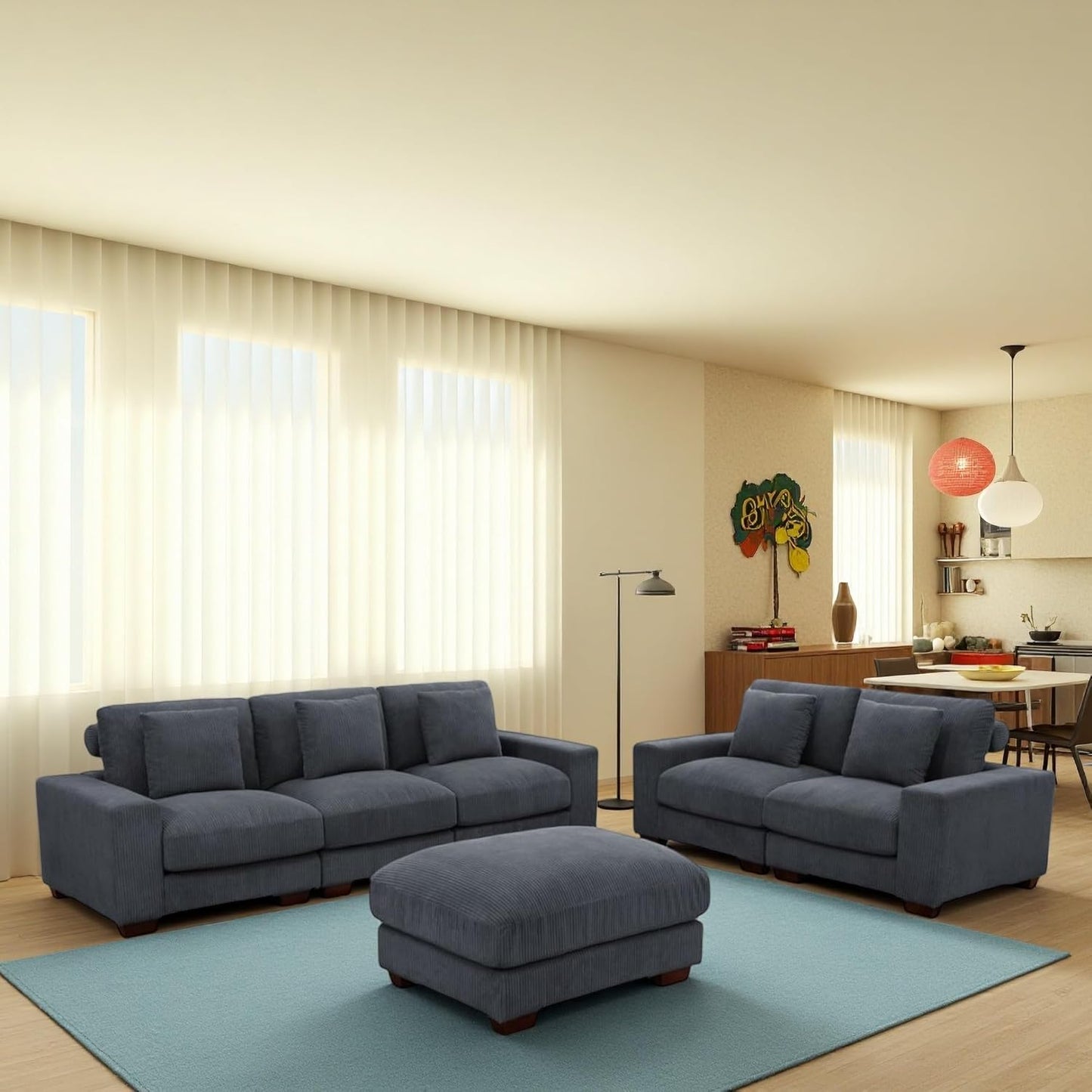 Sectional Couches for Living Room, Stylish Sectional Loveseat Sofa with Ottoman & Deep Seats, Living Room Furniture Home Sofa for Adults, Blue Gray