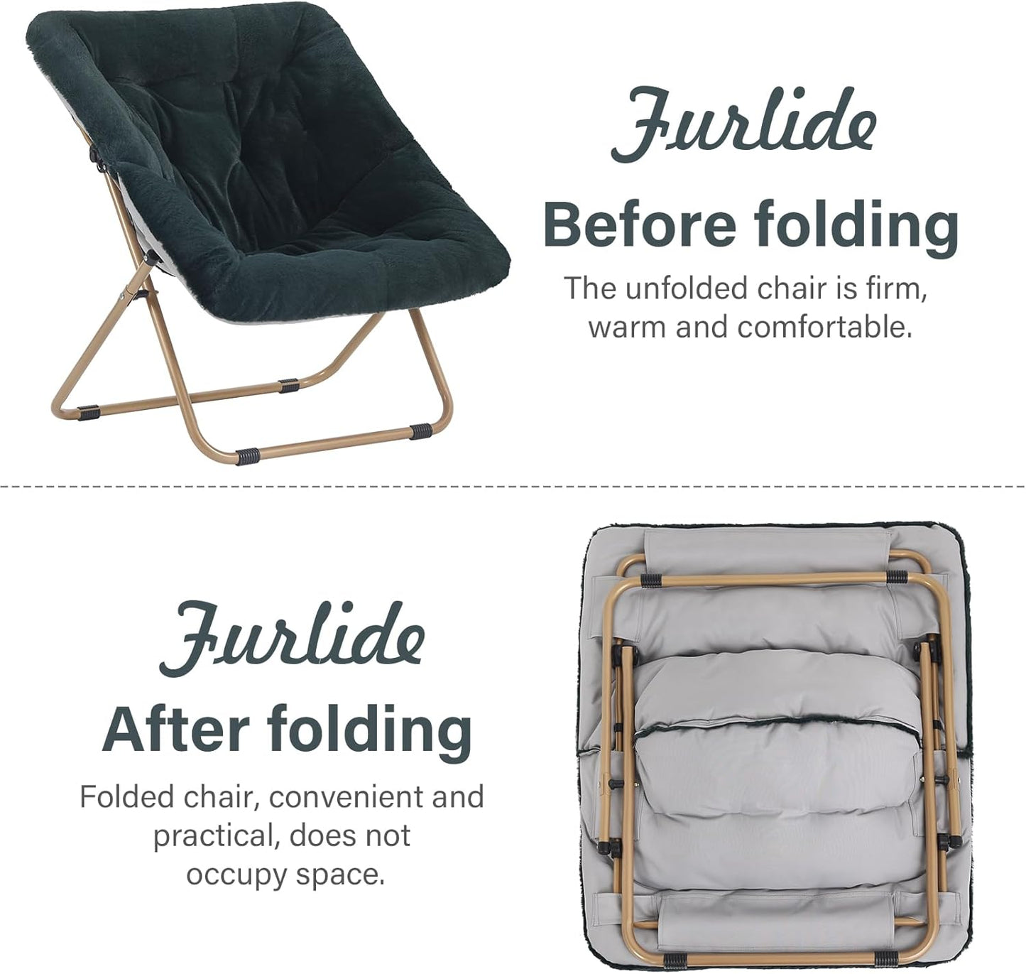 Saucer Chair, Comfy Bedroom Chairs, Oversized Folding Faux Fur Chair, Foldable Metal Frame Chair for Bedroom, Living Room, Balcony, Patio, Study, Playroom (Dark Green)