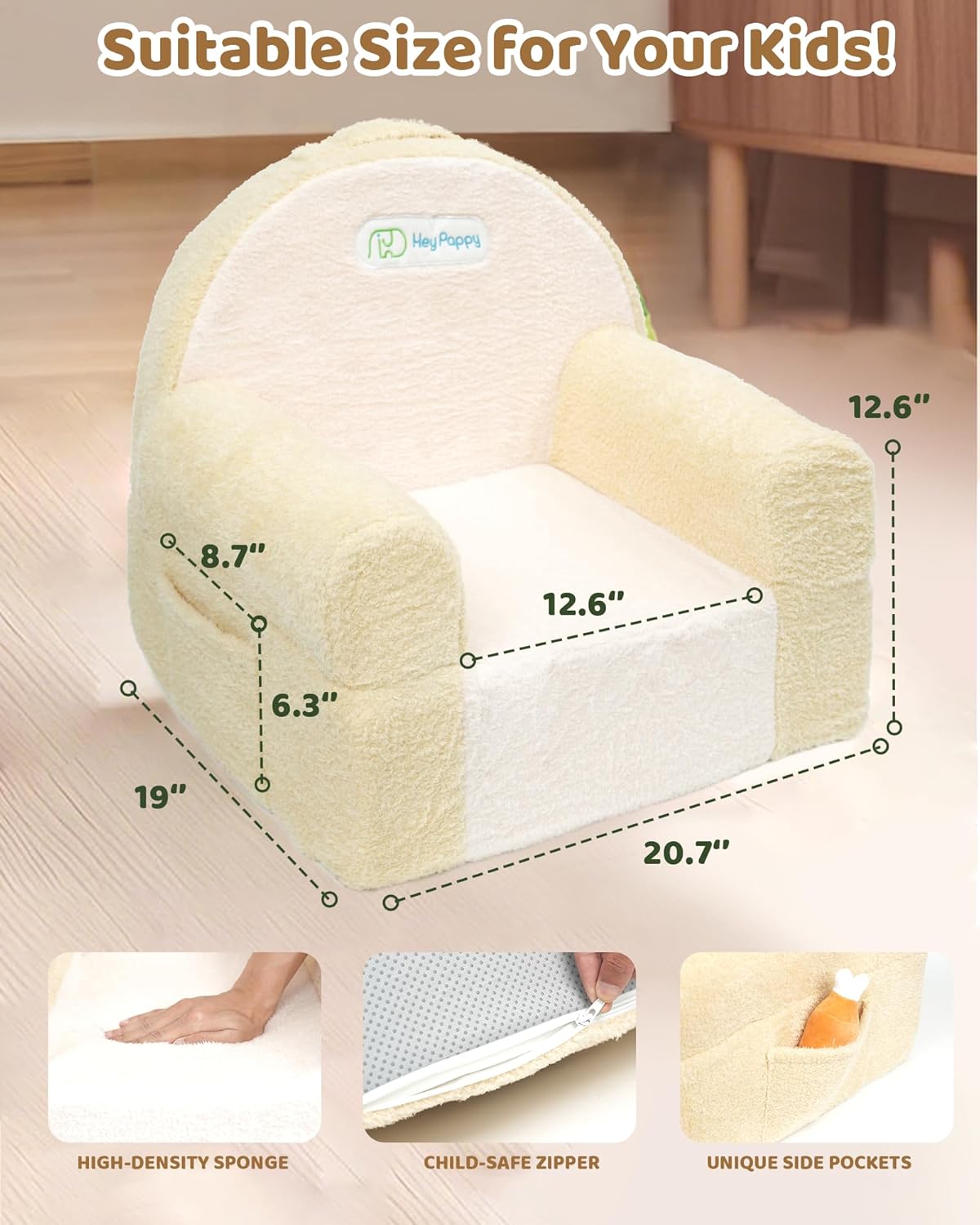 Toddler Chair, Comfy Foam Kids Couch with Soft Velvet Cover, Toddler Couch for Gaming and Studying, Kids Sofa That Fits Nicely with Any Modern Decor, Beige