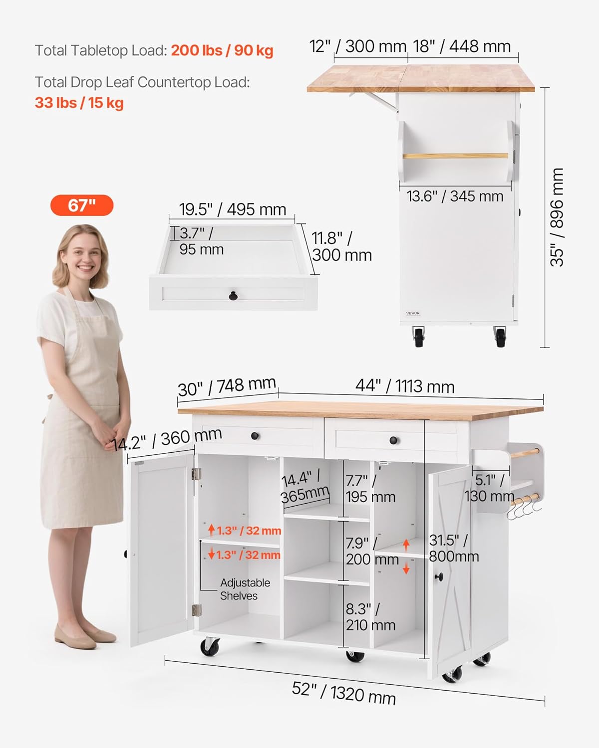 VEVOR Kitchen Island Cart, with Solid Wood Top and Storage Cabinet, Mobile Rolling Table with Drop Leaf, Drawers, Spice Towel Rack, Portable Islands on Swivel Wheels for Dining Room, 52in Width, White