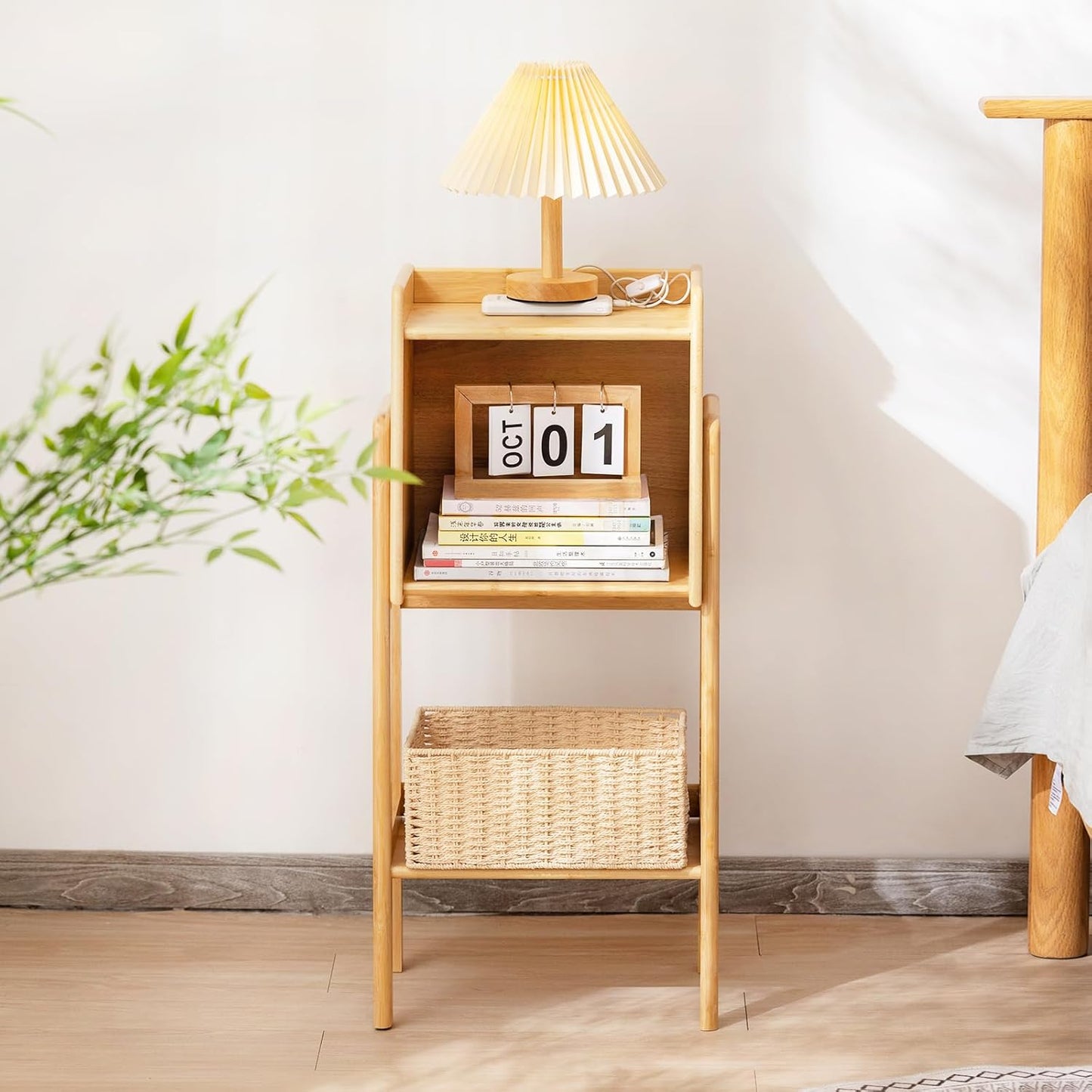 Welnow Bamboo Bookcase with Cabinet, Natural End Table with 1-Tier Storage Shelf, Modern Bedside Organizer Side Table for Bedroom or Living Room, Wood Bookshelf with Open Space