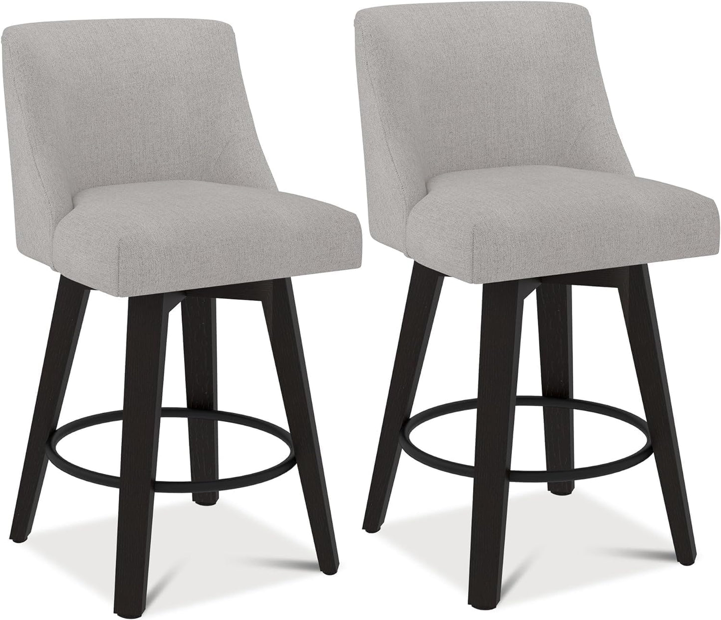 Counter Height Bar Stools Set of 2, 360°Swivel Upholstered Barstools with Back and Solid Wood Legs, 26" H Seat Height, Fabric in Fog Grey