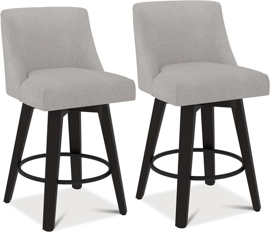 Counter Height Bar Stools Set of 2, 360°Swivel Upholstered Barstools with Back and Solid Wood Legs, 26" H Seat Height, Fabric in Fog Grey