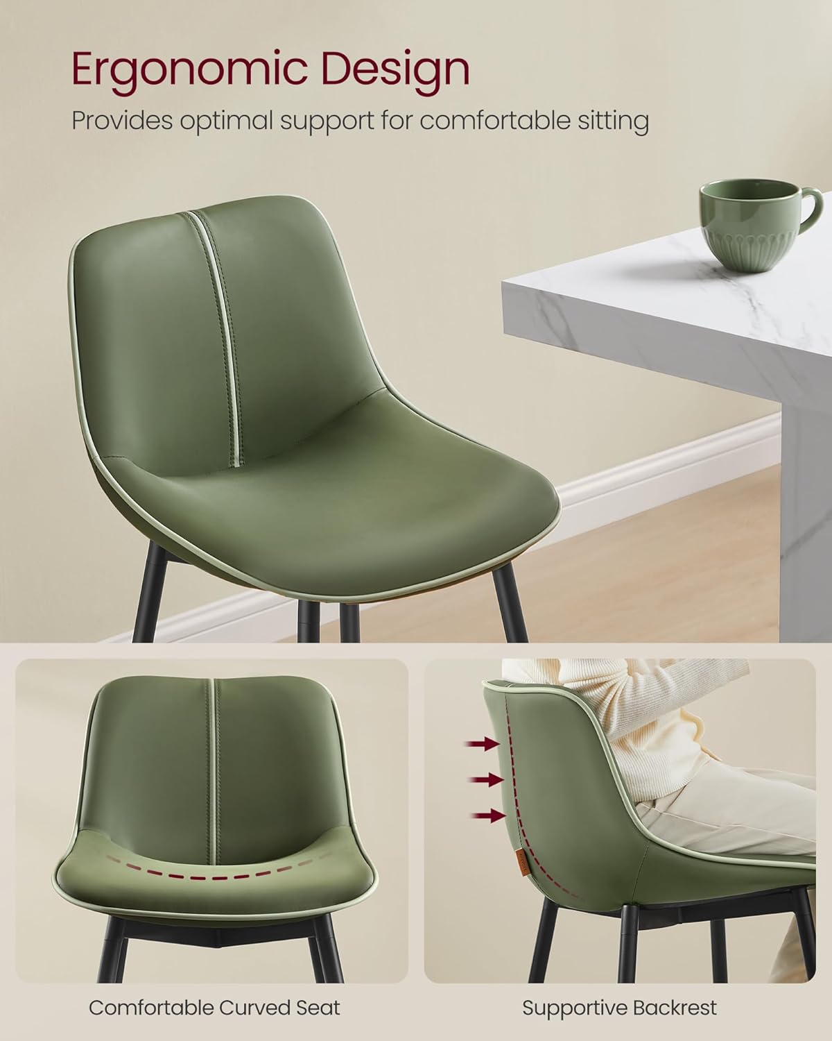 VASAGLE Bar Stools Set of 2, Bar Height Bar Stools with Back, Ergonomic Backrest, Synthetic Leather, Metal Legs, 28.7-Inch Tall Barstools for Kitchen Island Home Bar, Easy Assembly, Forest Green