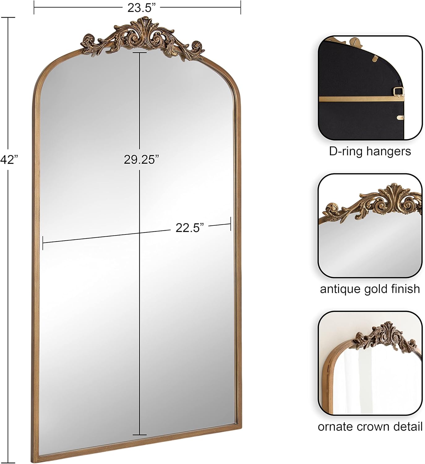 Kate and Laurel Arendahl Glam Arched Tall Panel Mirror; 24 x 42; Gold; Traditional Baroque Large Body Wall Mirror with Ornate Garland Inspired Crown