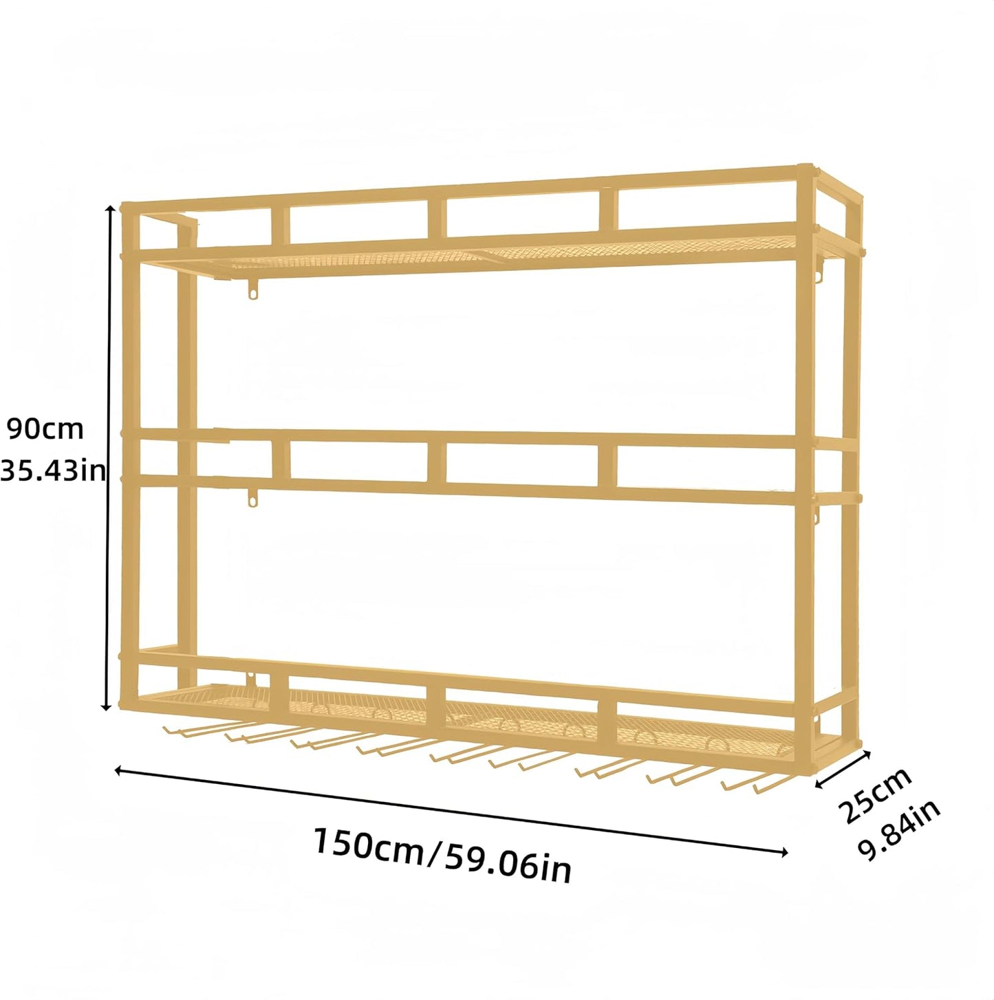 Metal Wine Rack Wall Mounted, Bar Shelves for Liquor Bottles with LED Light, 3 Tier Large Capacity Liquor Rack Wall Mounted with Glass Holder for Home Bar & Dining Room （Gold, 59in/150cm）