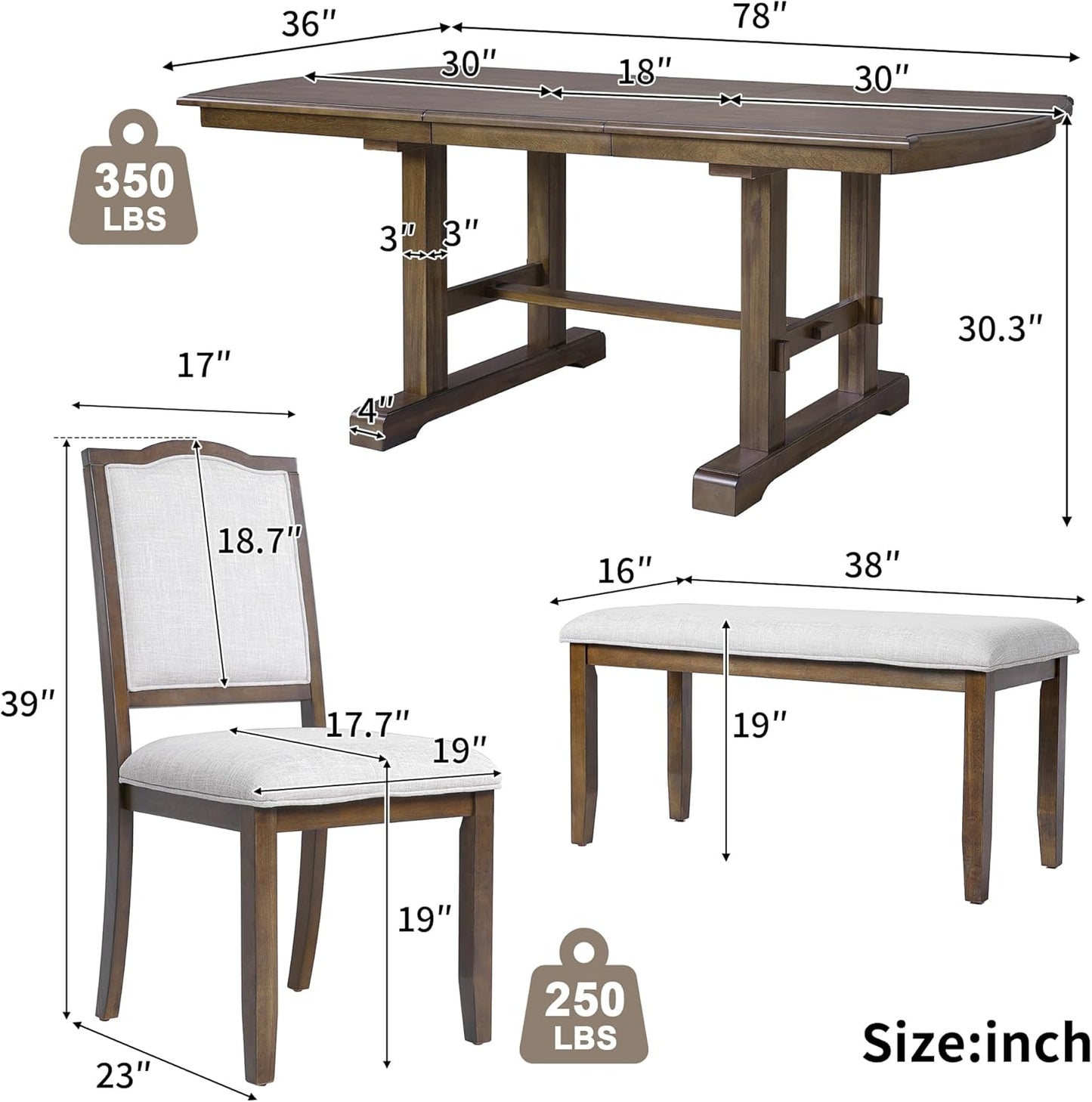 Ball & Cast Dining Table Set for 6,60" to 78" Extendable Wood Dining Table with Removable Leaf,6-Piece Kitchen Table Set W/ 4 Upholstered Chair and 1 Bench,for Dining Room,Kitchen,Restaurant,Brown