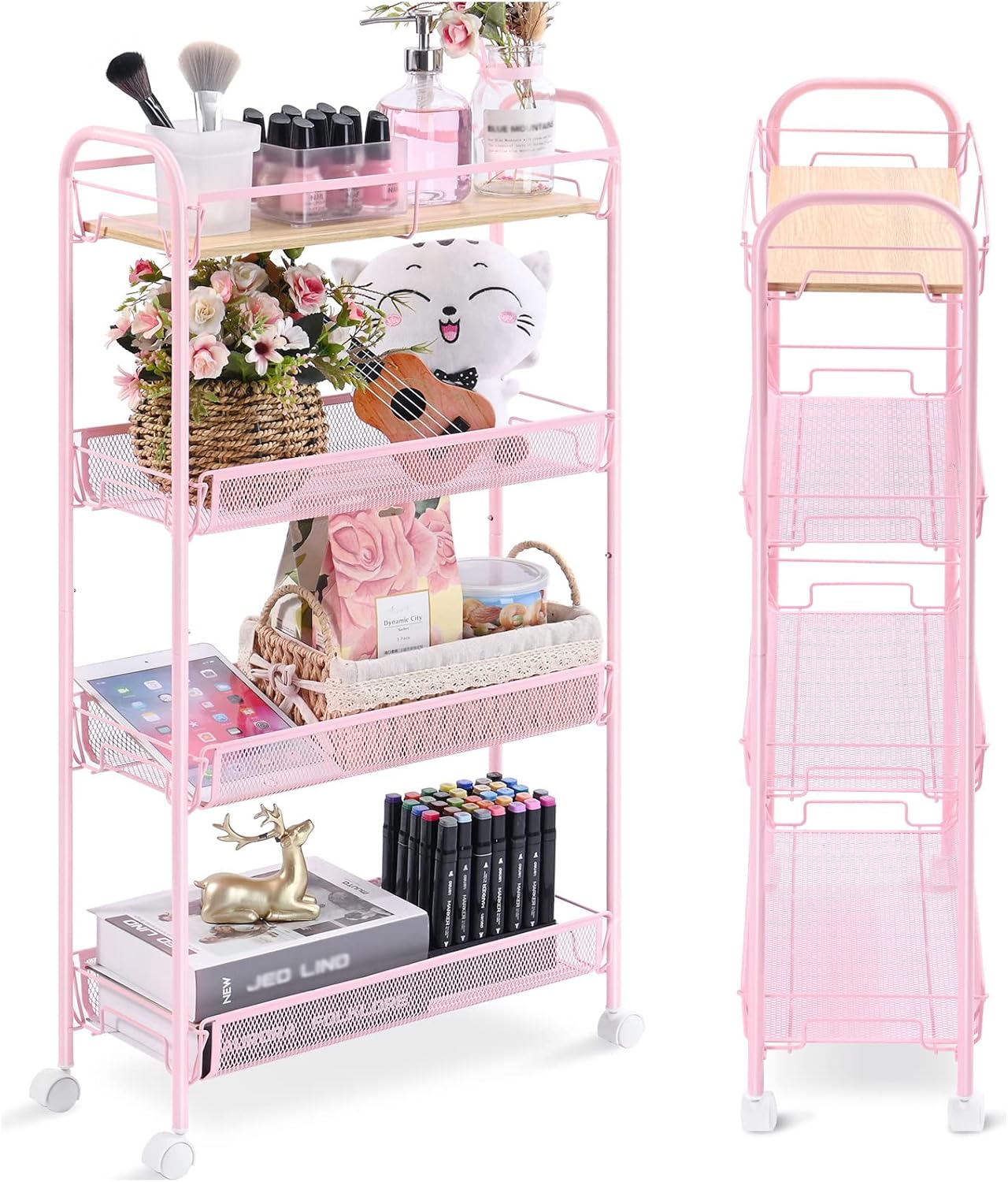 KINGRACK 4-Tier Slim Rolling Cart with Wooden Tabletop, Easy Assemble Metal Utility Cart, Slide Out Narrow Storage Cart for Narrow Space on Bedroom Bathroom Laundry Room Apartments Dormitory, Pink