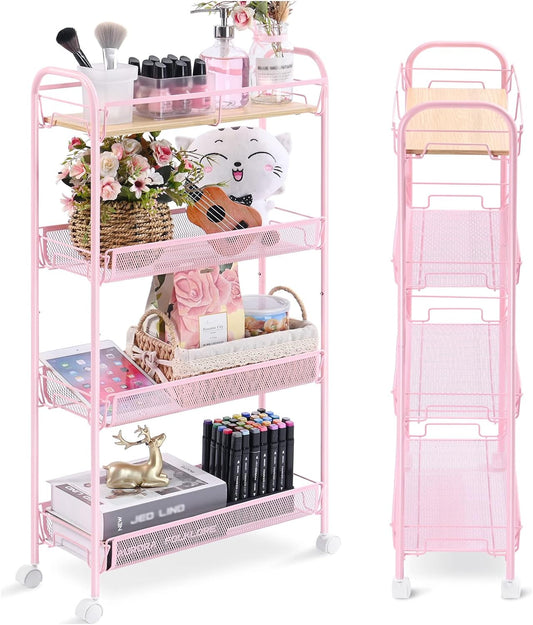 KINGRACK 4-Tier Slim Rolling Cart with Wooden Tabletop, Easy Assemble Metal Utility Cart, Slide Out Narrow Storage Cart for Narrow Space on Bedroom Bathroom Laundry Room Apartments Dormitory, Pink