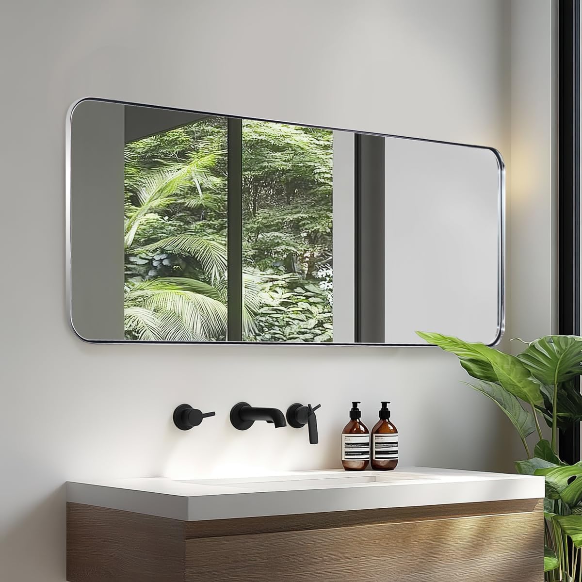 ANDY STAR 18" x 48" Full Length Wall Mirror, Large Polished Chrome Mirror for Bathroom, Rounded Corner Rectangle Body for Floor and Leaning