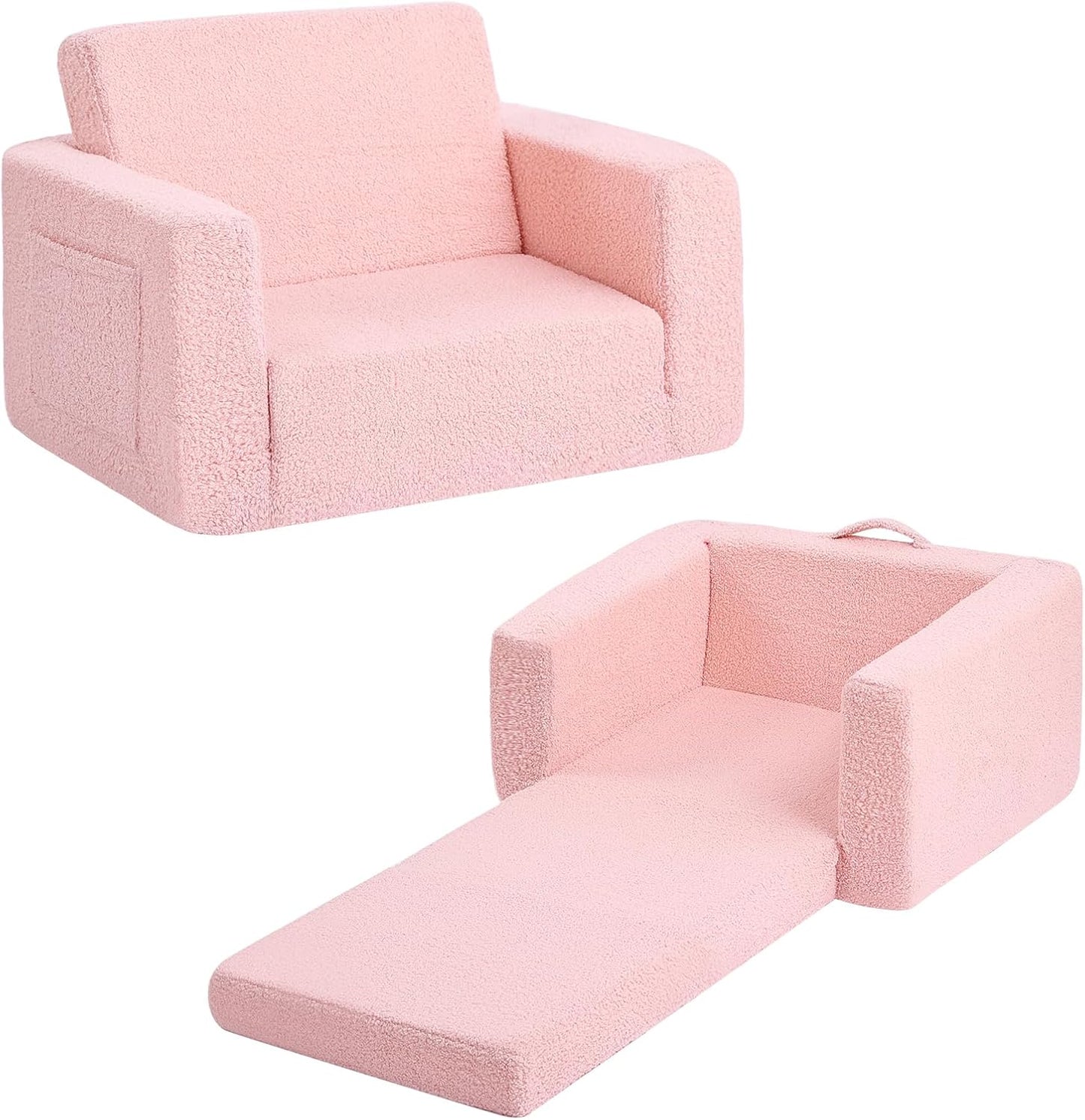 Tiita Kids Chair Couch, Folding Toddler Comfy Sofa Chairs, 2-in-1 Kids Plush Sofas Fold Out, Baby Armrest Chair Sofa to Lounger, Convertible Play Sofas to Bed for Girl or Boy, Pink