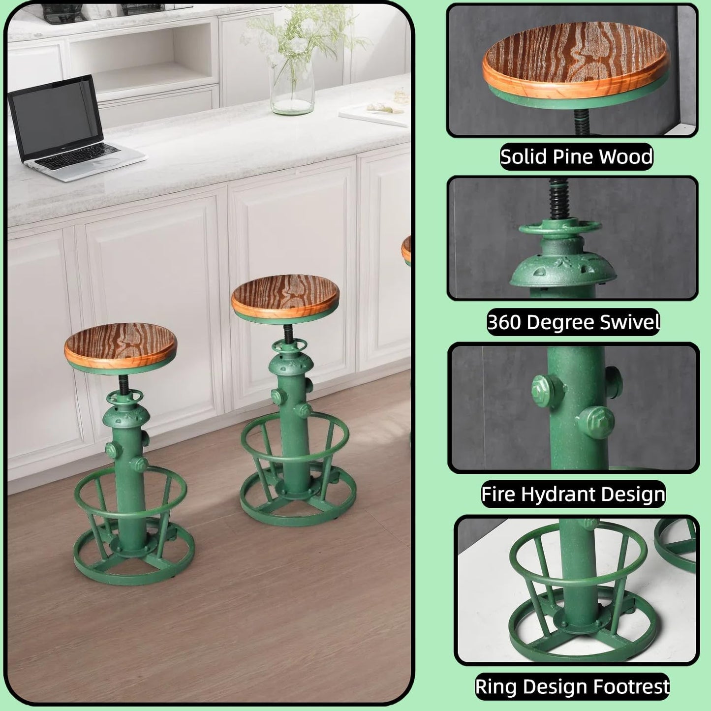 Vintage Bar Stool 24.8-30inch Counter Height Adjustable Industrial Coffee Chair with Swivel Wooden Seat Farmhouse Dinner Stools in Kitchen Dining Room