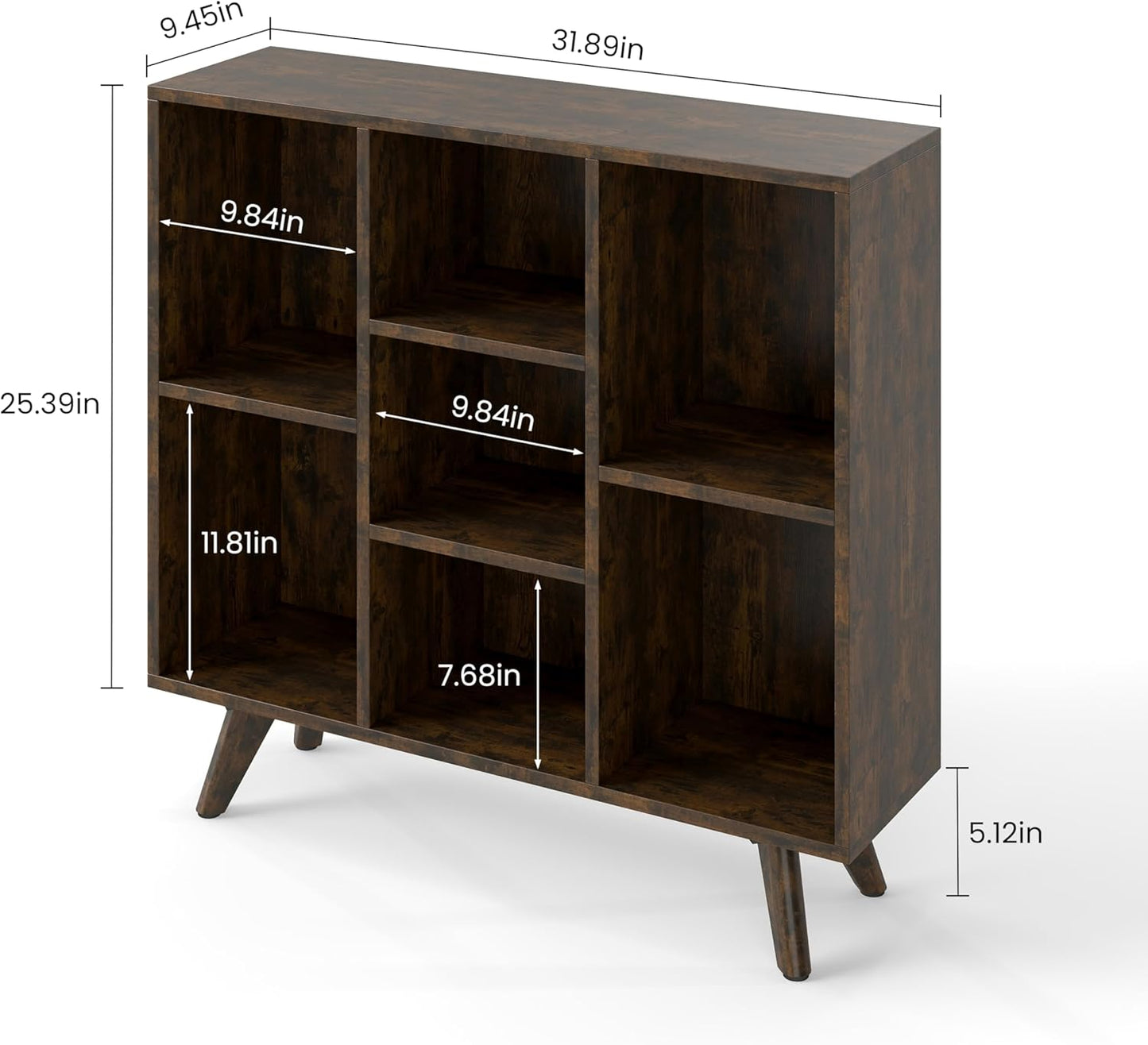 Manora Rustic Brown 7 Cube Mid Century Modern Bookshelf, Wooden Storage Organizer with Open Shelves, Retro Bookcase for Living Room, Bedroom, Home Office