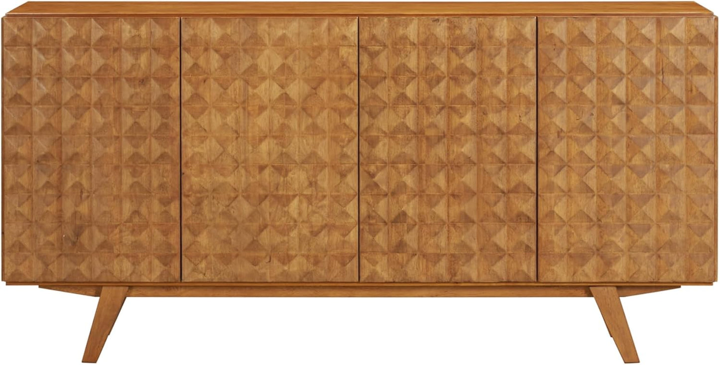 NTC Sapa Mid-Century Modern Solid Wood Sideboard – 4-Door Accent Buffet Cabinet with Carved Geometric Fronts, for Living Room, Dining Room, or Entryway, Effortless Assembly, Teak Look