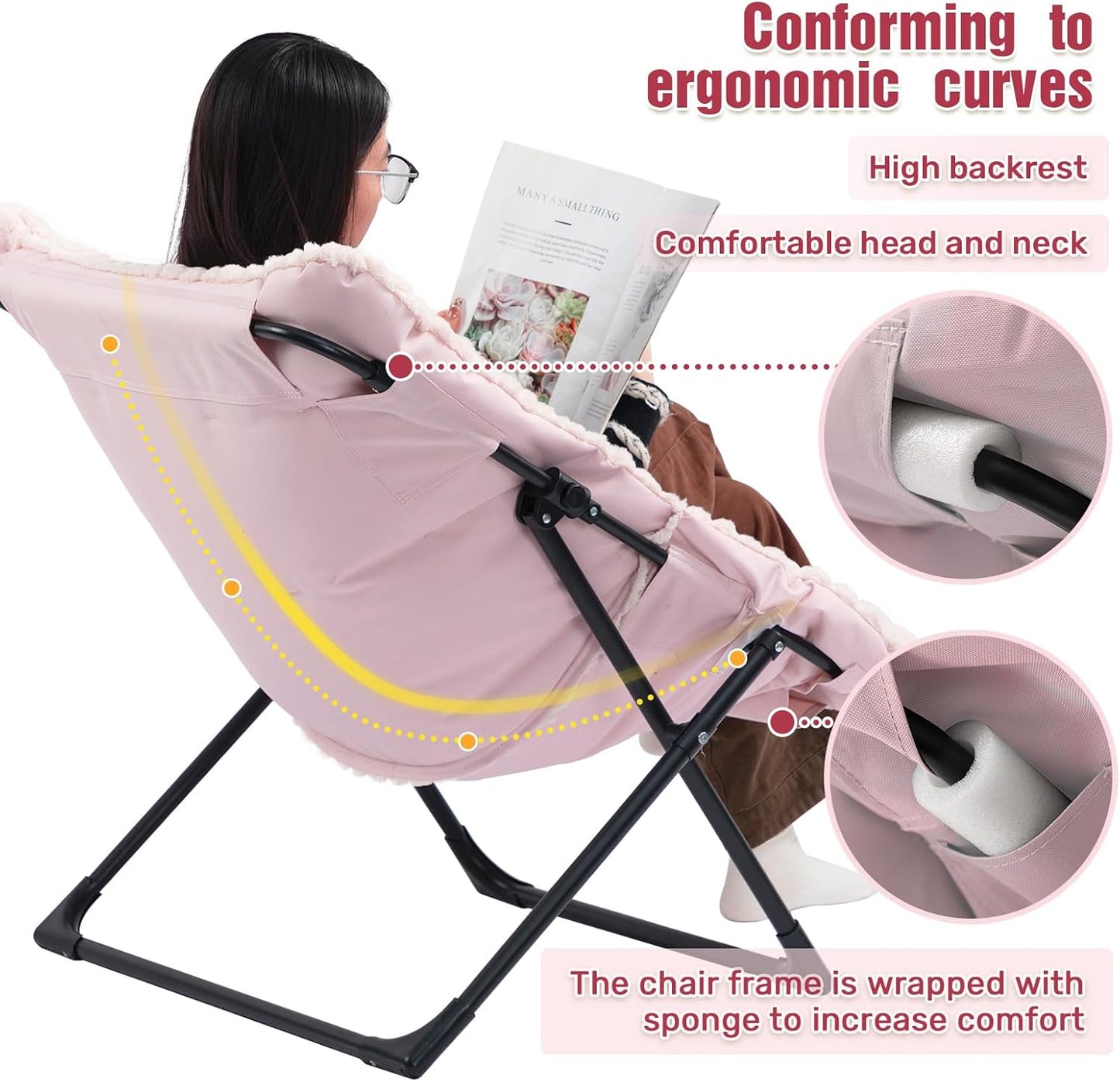 HollyHOME X-Large Saucer Chair with Foldable Ottoman, Comfy Oversized Folding Chair and Folding Footrest Stool Set, Faux-Fur Reading Chair and Footstool for Living Room, Champagne Pink Chair&Stool