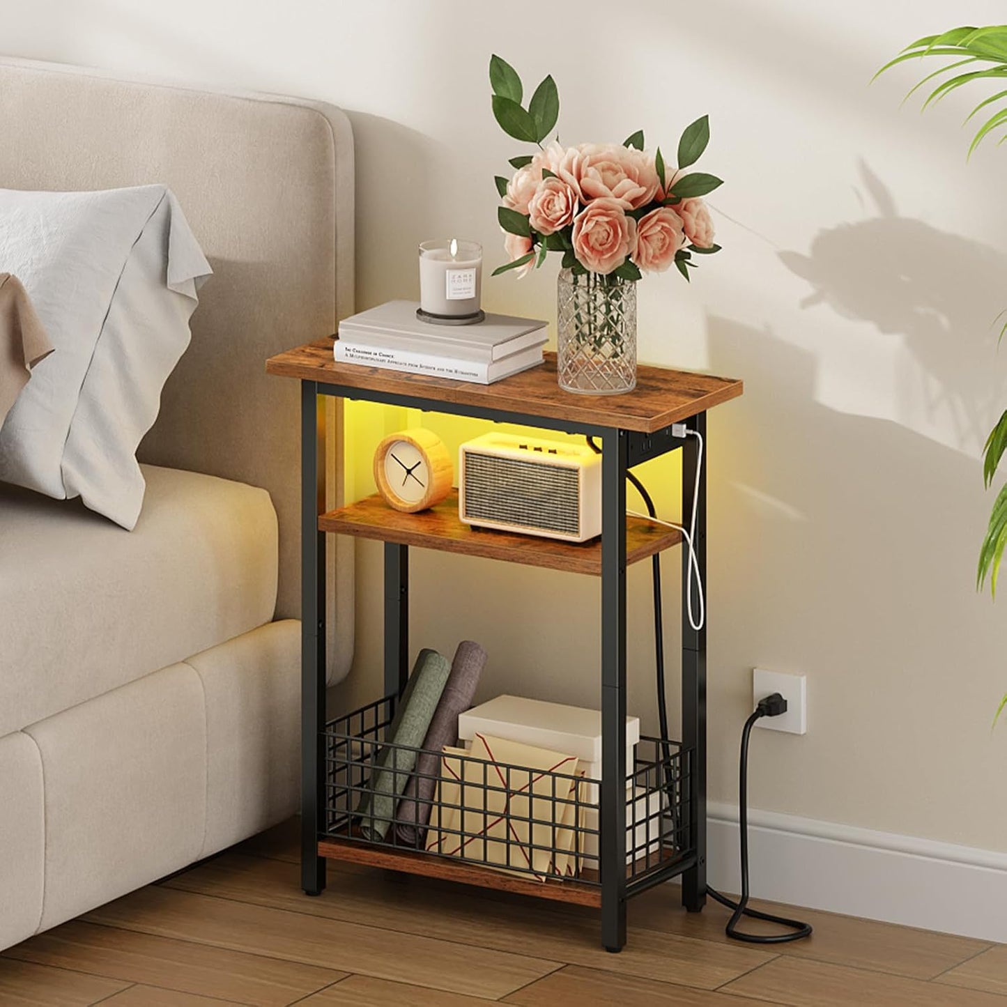 HOOBRO Narrow Side Table with Charging Station and LED Light, Small End Table with Storage, Skinny Nightstand with USB Port, Slim Bedside Table for Small Spaces, Living Room, Rustic Brown BF242UDBZ01