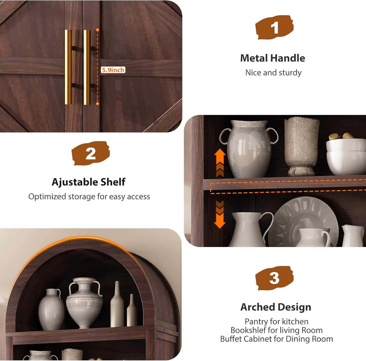 Arched Bookshelf Bookcase China Pantry Storage Cabinet with Doors and Shelves,Kitchen Pantry Cabinet,71“ Tall Food Pantry Furniture for Living Room, Dining Room (Brown)