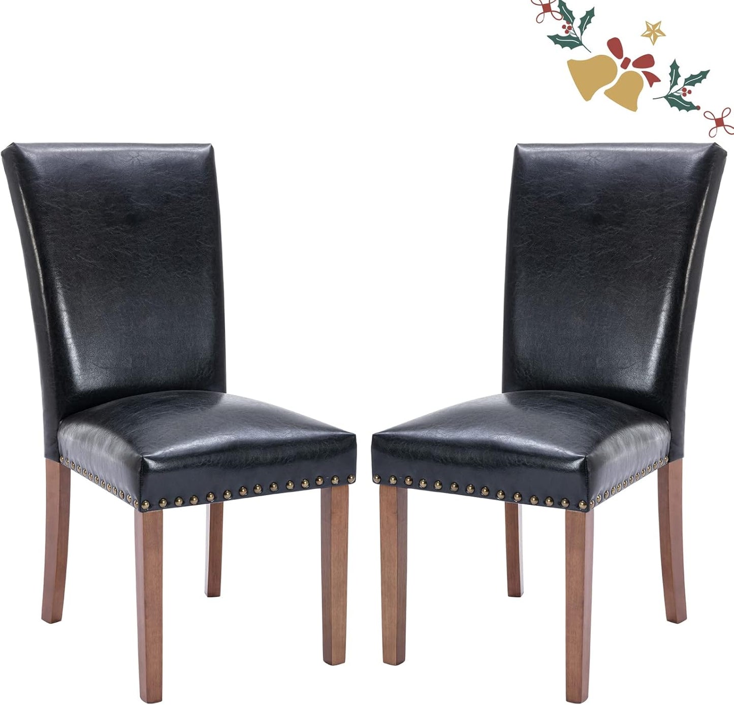 Parsons Dining Chairs Set of 2, Upholstered Nailhead PU Leather Dining Room Kitchen Side Chair with Thick Cushions and Wood Legs, Black