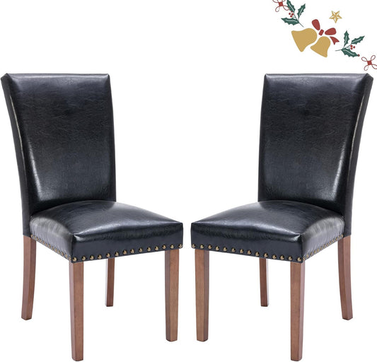 Parsons Dining Chairs Set of 2, Upholstered Nailhead PU Leather Dining Room Kitchen Side Chair with Thick Cushions and Wood Legs, Black