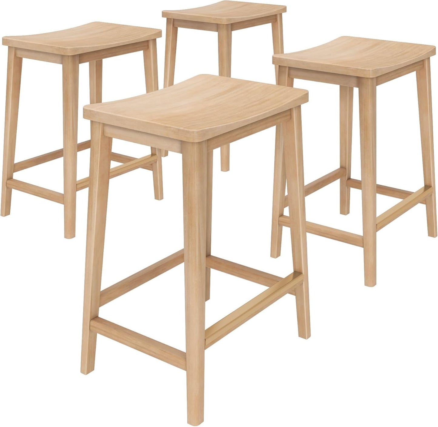 Plank+Beam Smythe Counter Stool, 24", Set of 4, Sturdy Wood Modern Kitchen Counter Height Stool, Saddle Seat Backless Counter Chair, Metal Footrest, Blonde